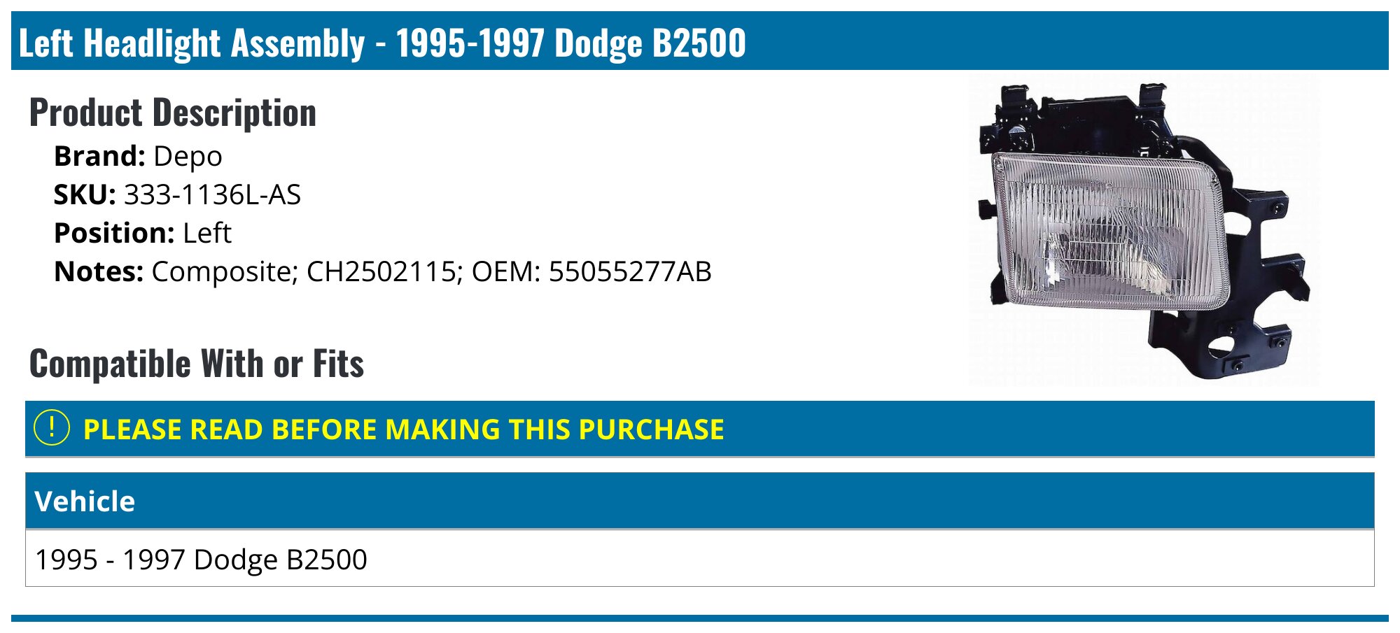 DEPO 333-1136L-AS Replacement Driver Side Headlight