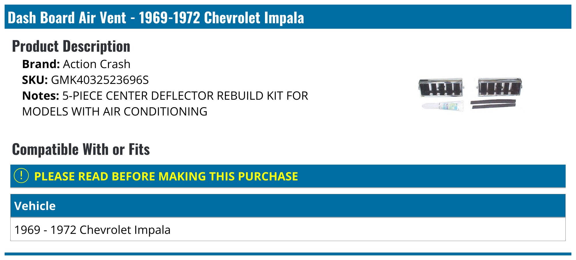 Dash Board Air Vent Rebuild Kit For 1969-1972 Chevrolet Impala – 5-Piece Set