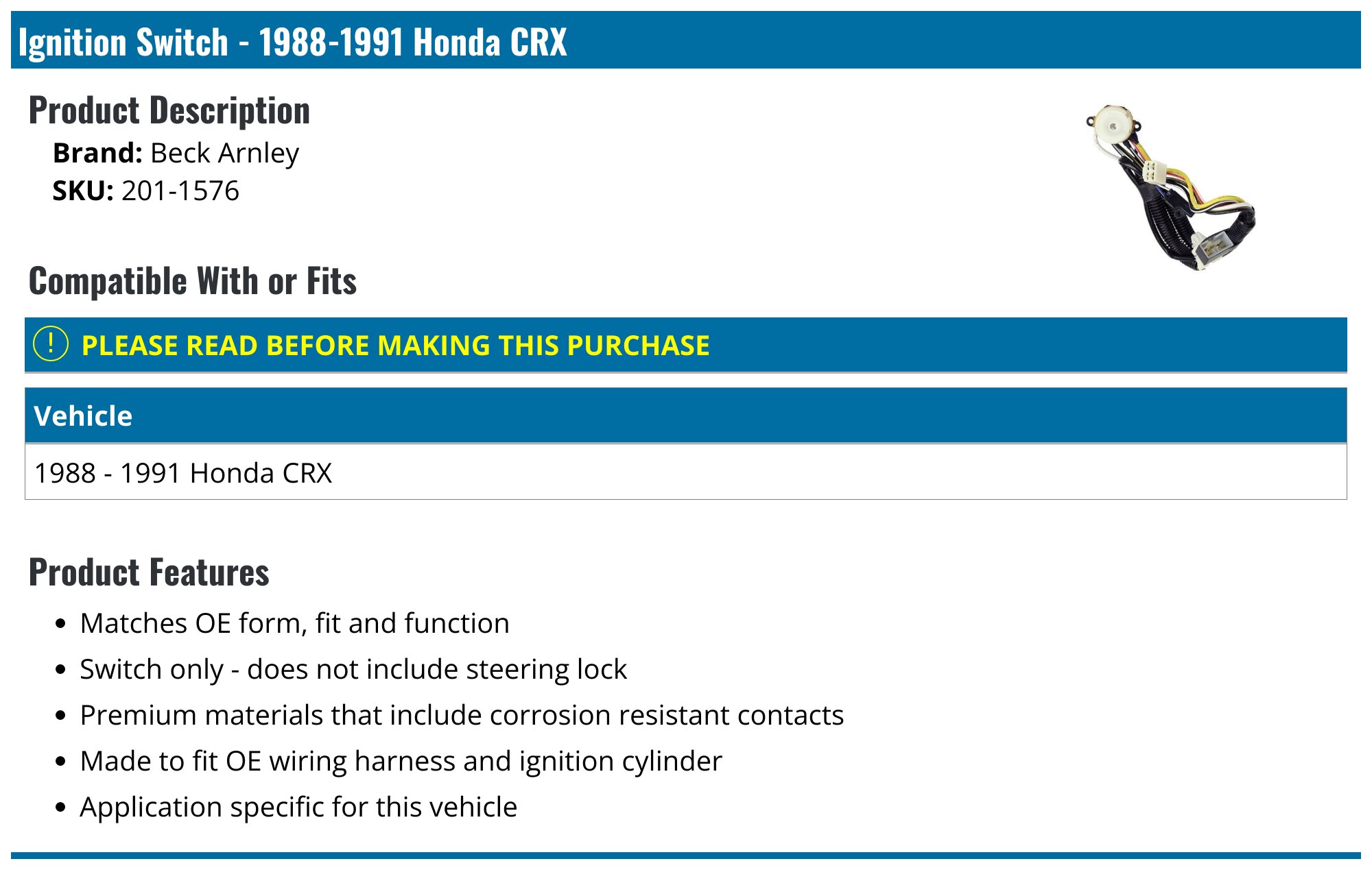 Beck/Arnley Ignition Starter Switch For Honda ✓ AKR Performance