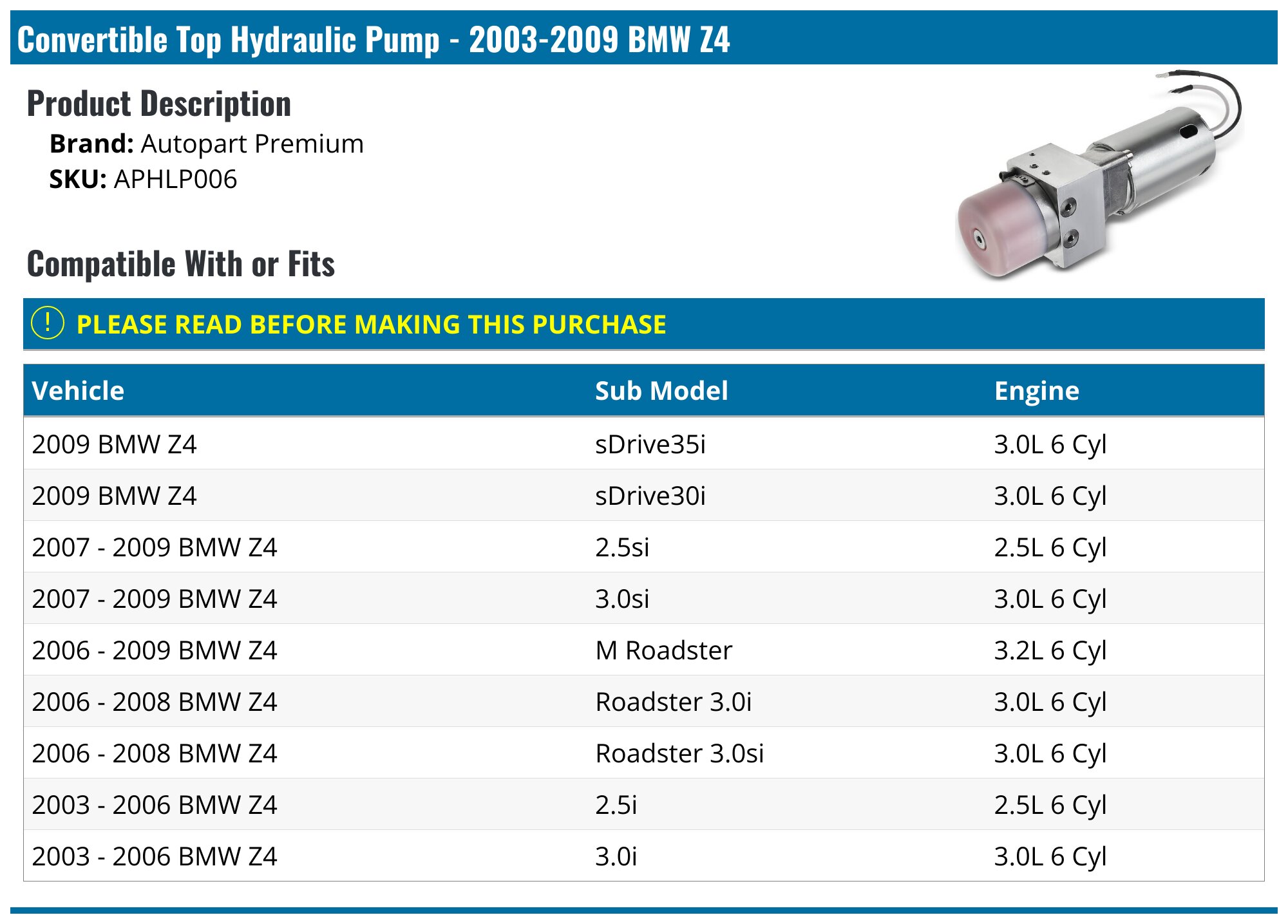 2003-2009 BMW Z4 Convertible Top Hydraulic Pump - Autopart Premium ...
