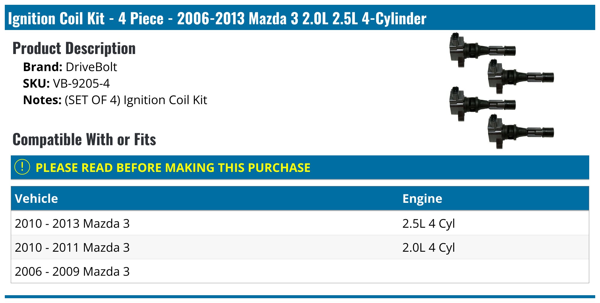 4pcs Ignition Coil Pack For Mazda 6 2006-2008 2.3L 2009-2013 2.5L