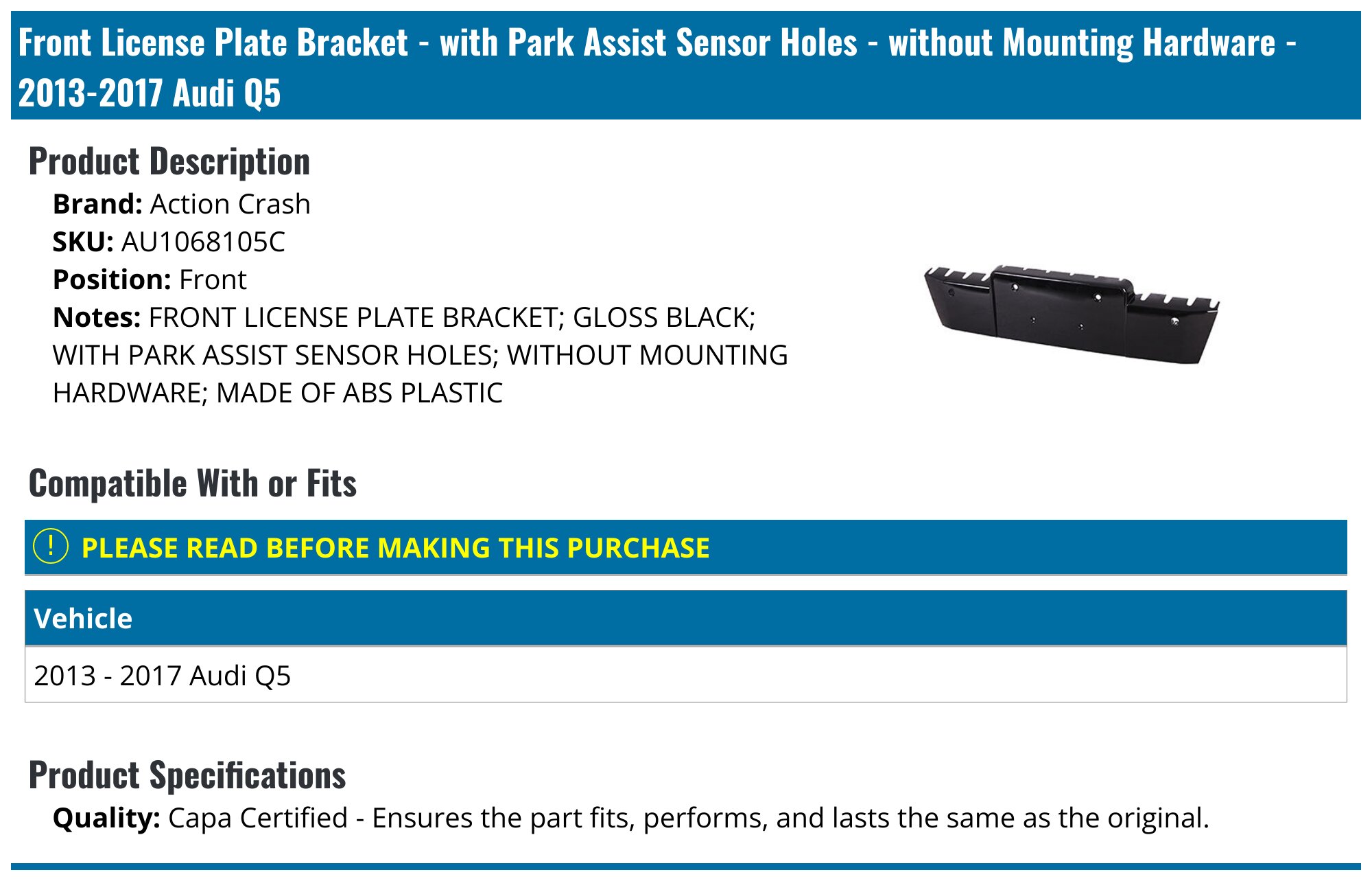 Aramox Front License Plate Bracket - Replacement For 2007‑2012, ABS Plastic, Easy Install