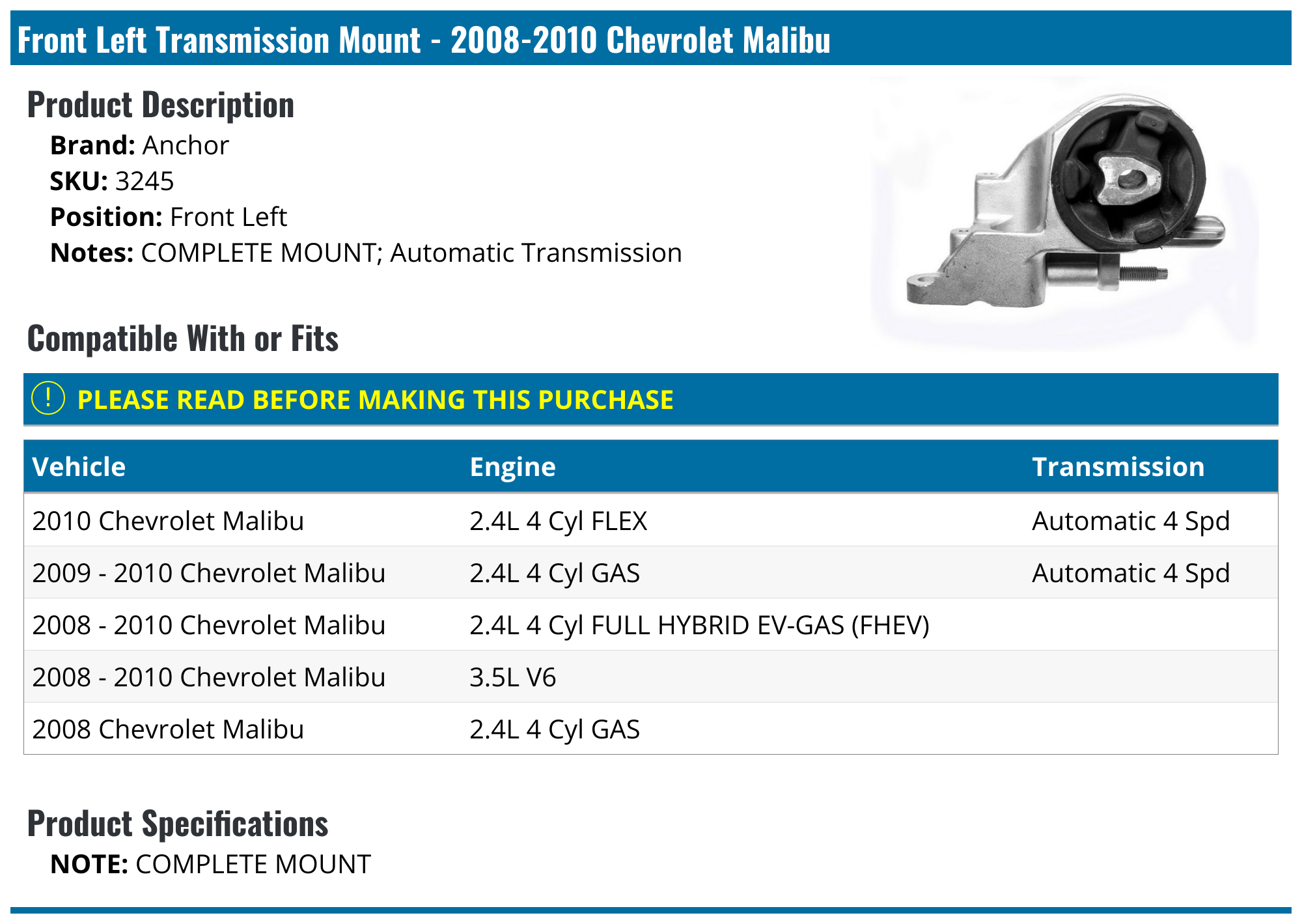 20082010 Chevrolet Malibu Transmission Mount Anchor 3245 Front