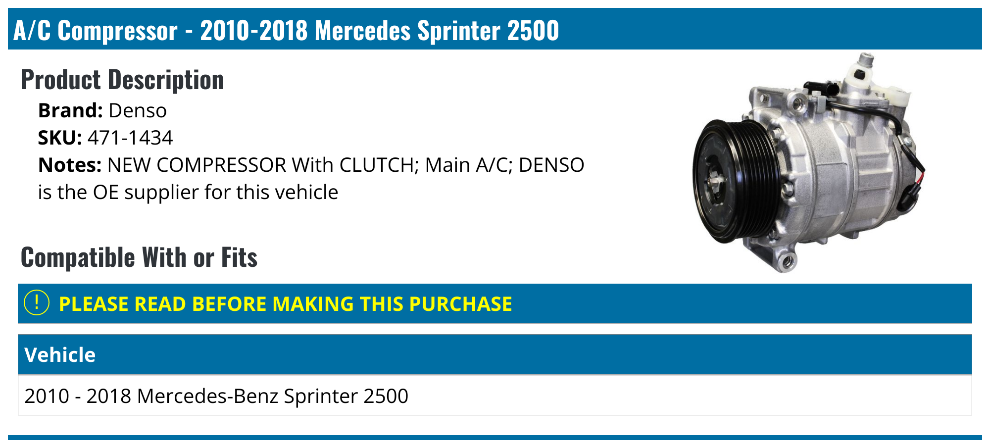 2010-2018 Mercedes Sprinter 2500 A/C Compressor - Denso 471-1434 ...
