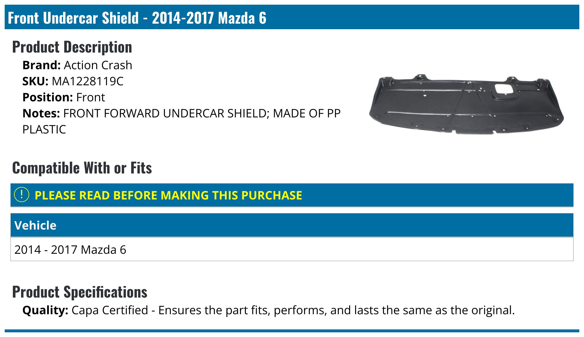 Front Engine Splash Shield For Mazda 6 2014 2015 2016