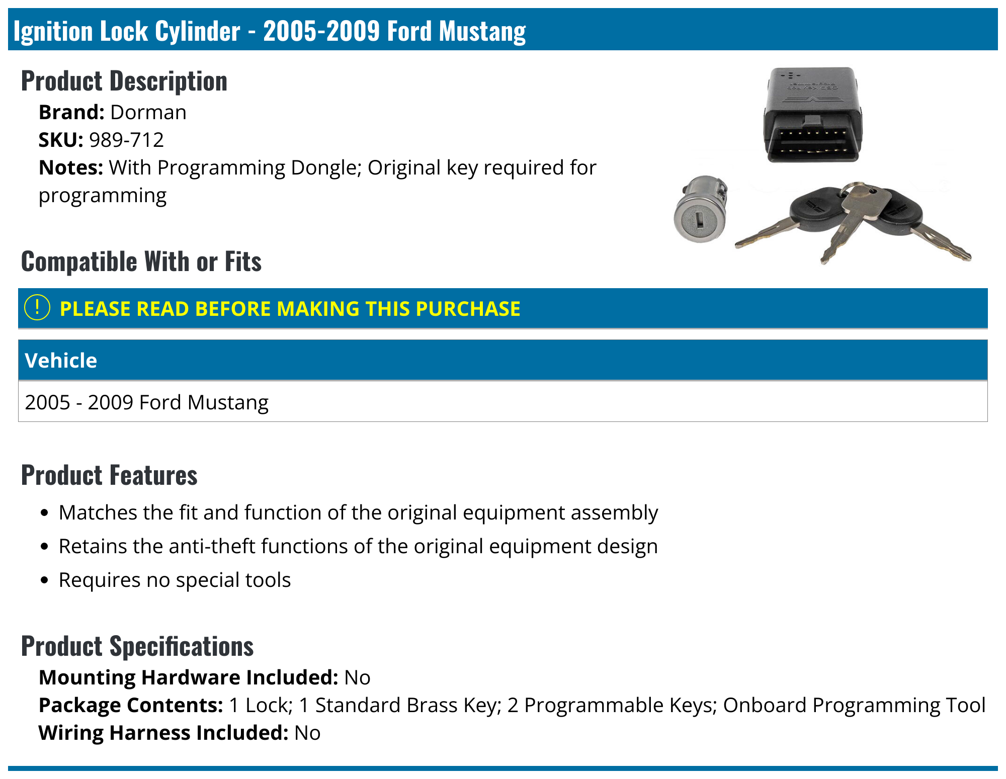 20052009 Ford Mustang Ignition Lock Cylinder Dorman 989712