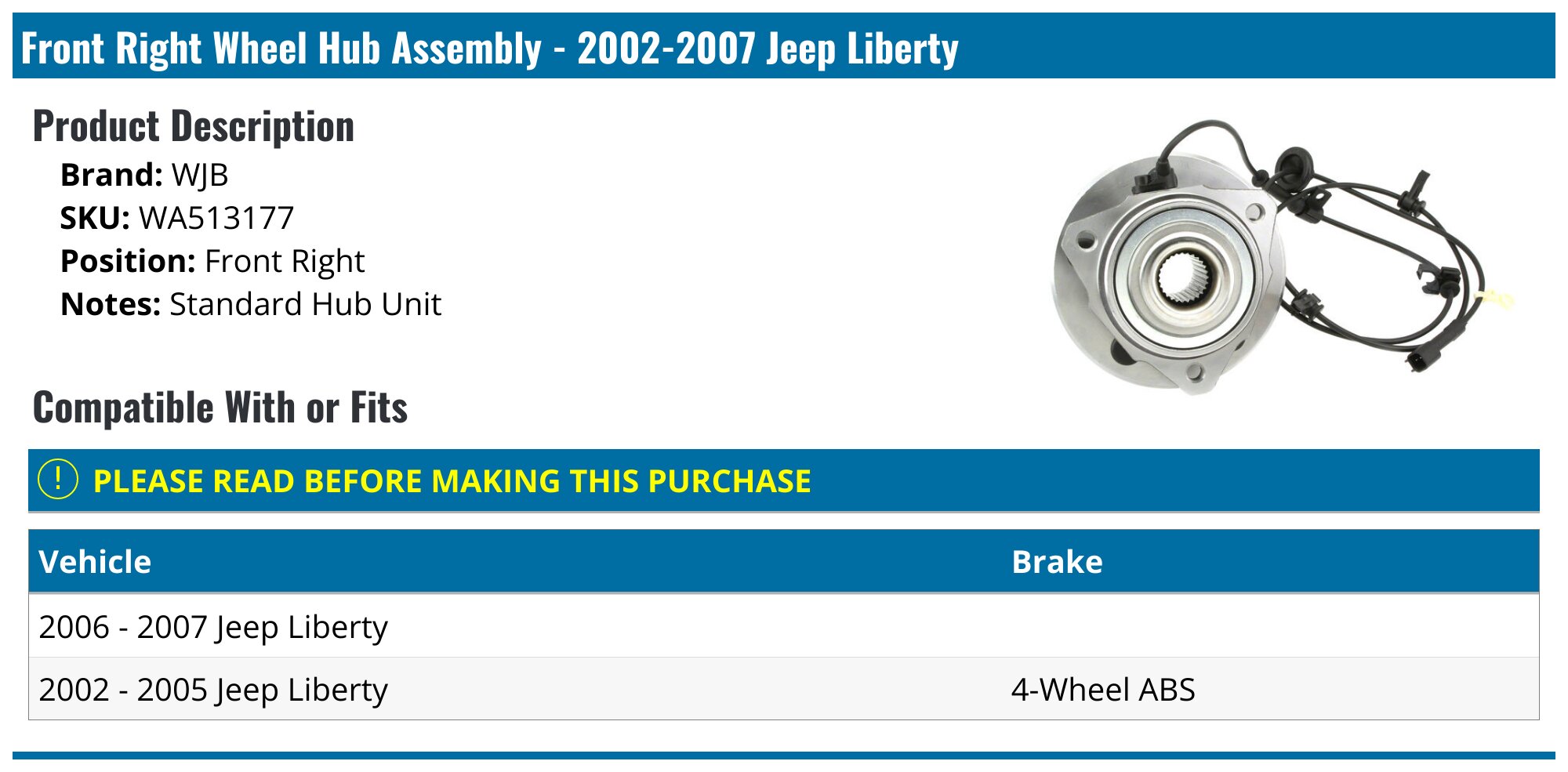 20022007 Jeep Liberty Wheel Hub Assembly WJB WA513177 Front Right