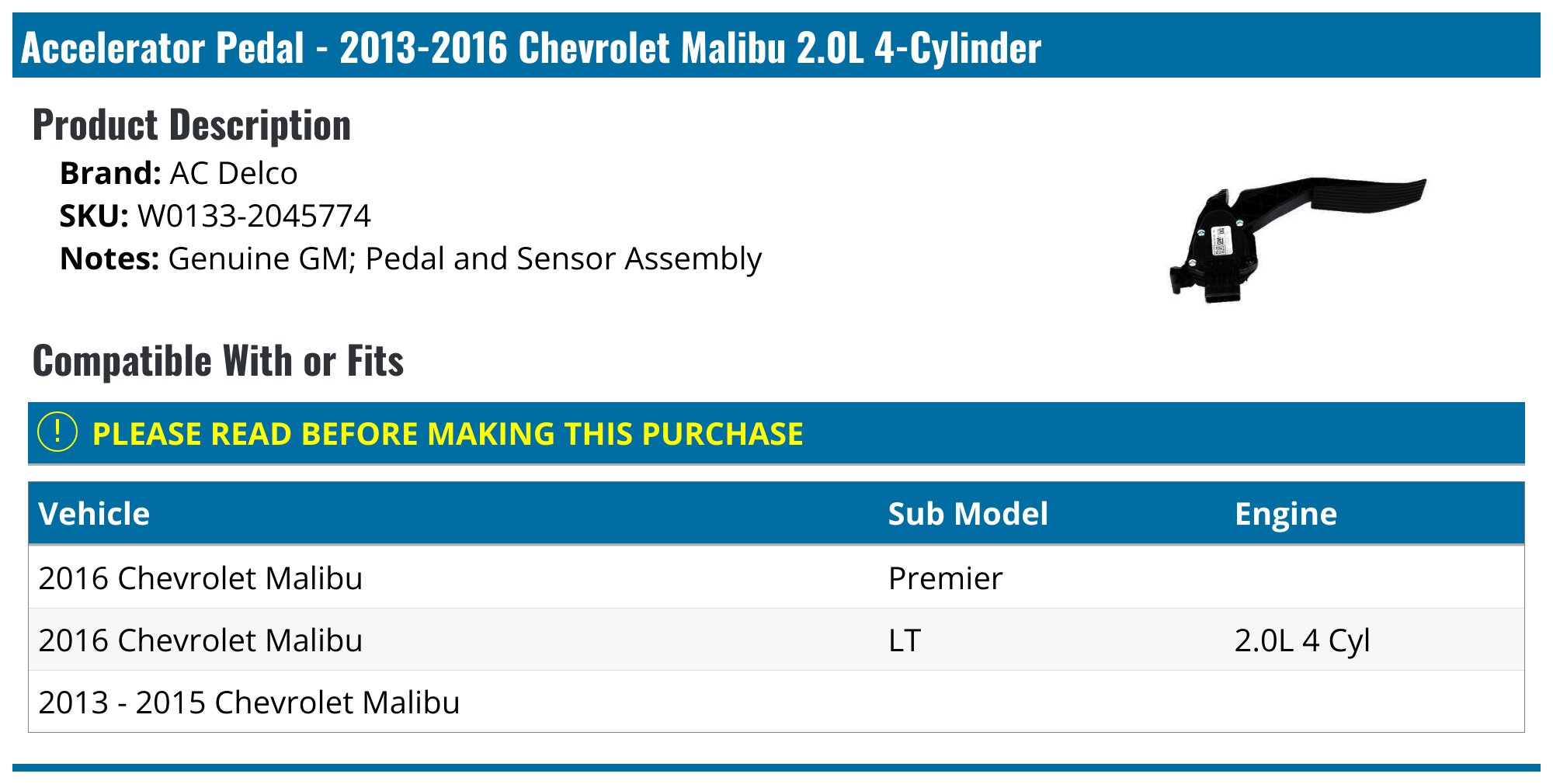 AC Delco Accelerator Pedal For 2016-2022 Chevrolet Malibu - Brand New (37947WXFZ)