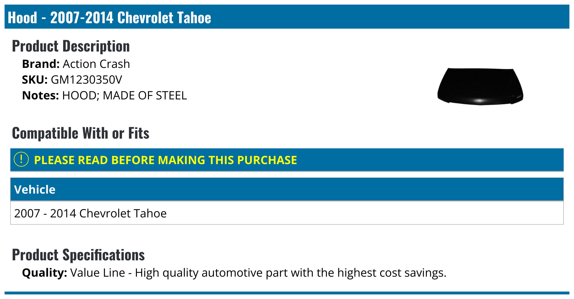 Primed Steel Hood Panel Replacement For 07-13 Chevy Avalanche & 07-14 Suburban/Tahoe