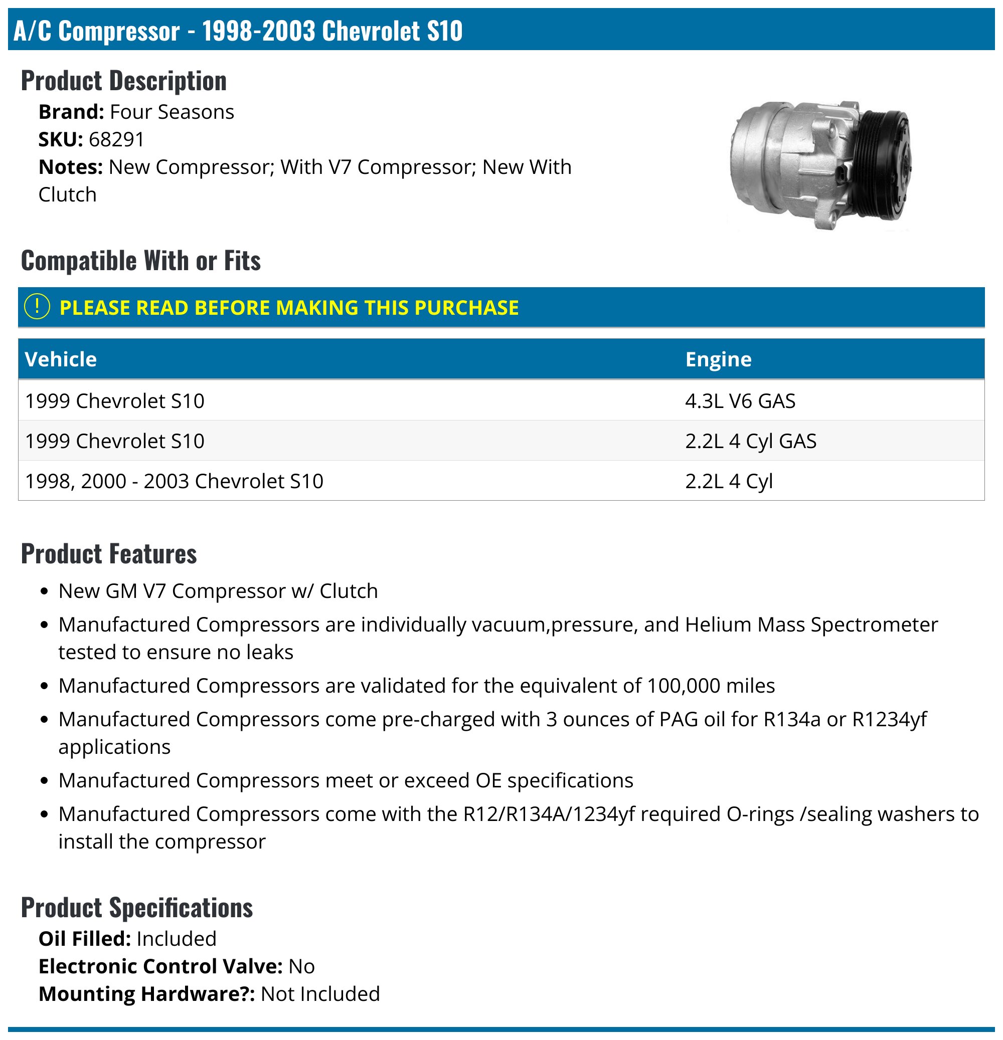 1998-2003 Chevrolet S10 A/C Compressor - Four Seasons 68291 - PartsGeek.com