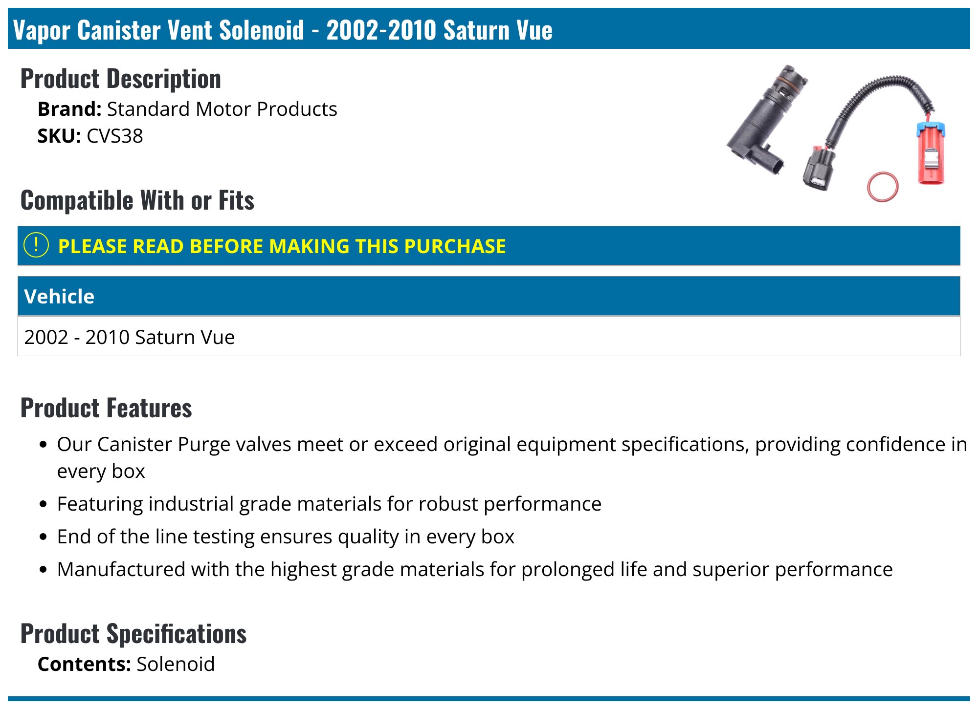 2002-2010 Saturn Vue Vapor Canister Vent Valve - Standard Motor Products  CVS38 - PartsGeek.com