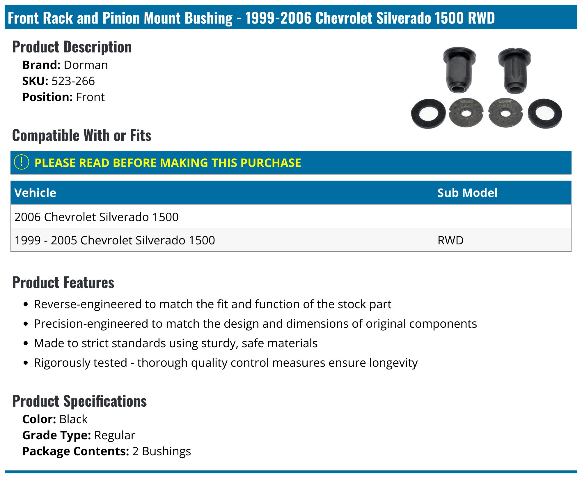 1999-2006 Chevrolet Silverado 1500 Rack and Pinion Bushing - Dorman 523 ...