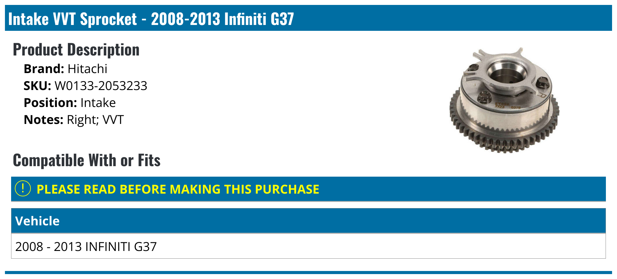 20082013 Infiniti G37 Engine Variable Valve Timing Sprocket Hitachi