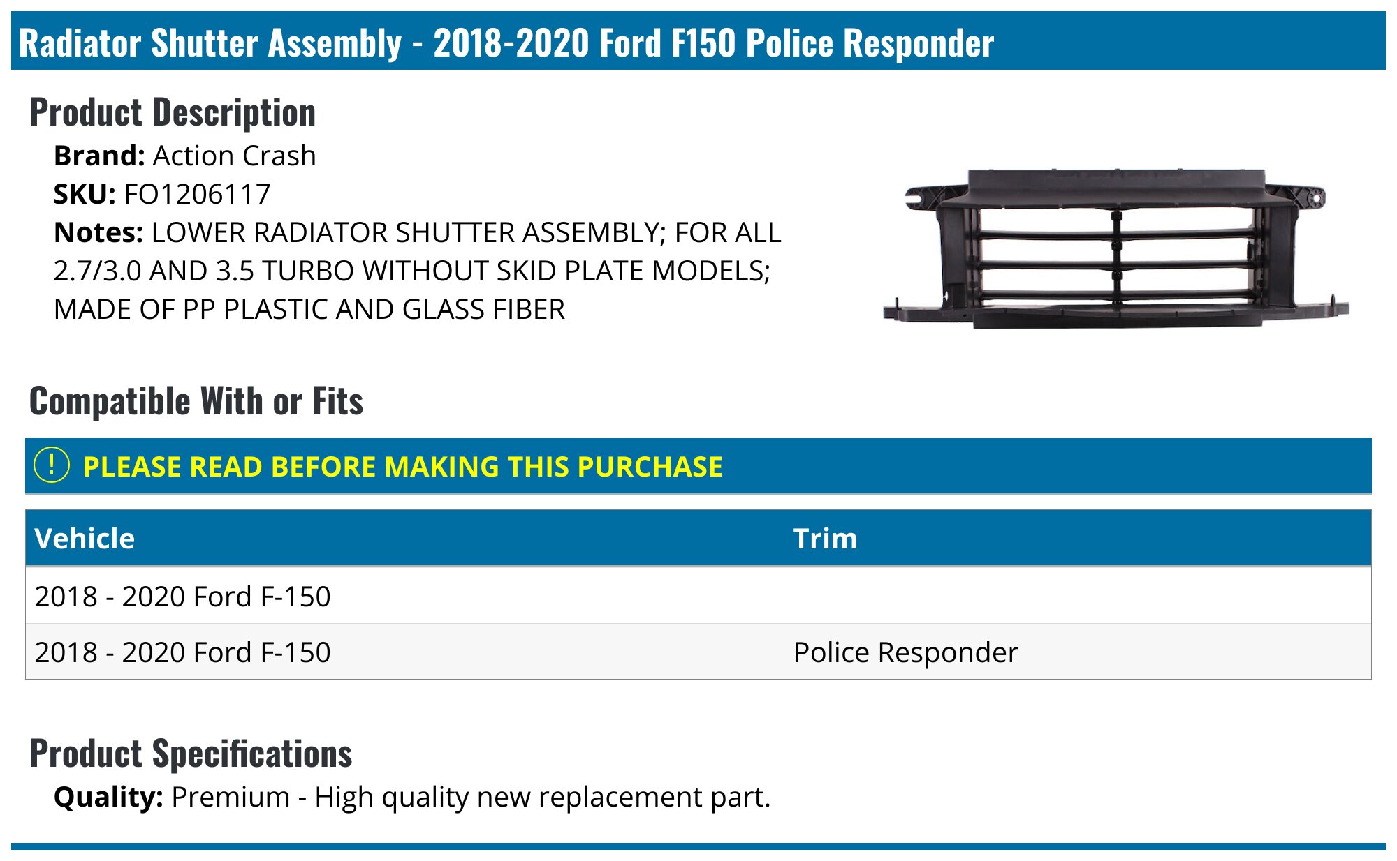 2018-2020 Ford F150 Radiator Shutter Assembly - Action Crash FO1206117 ...