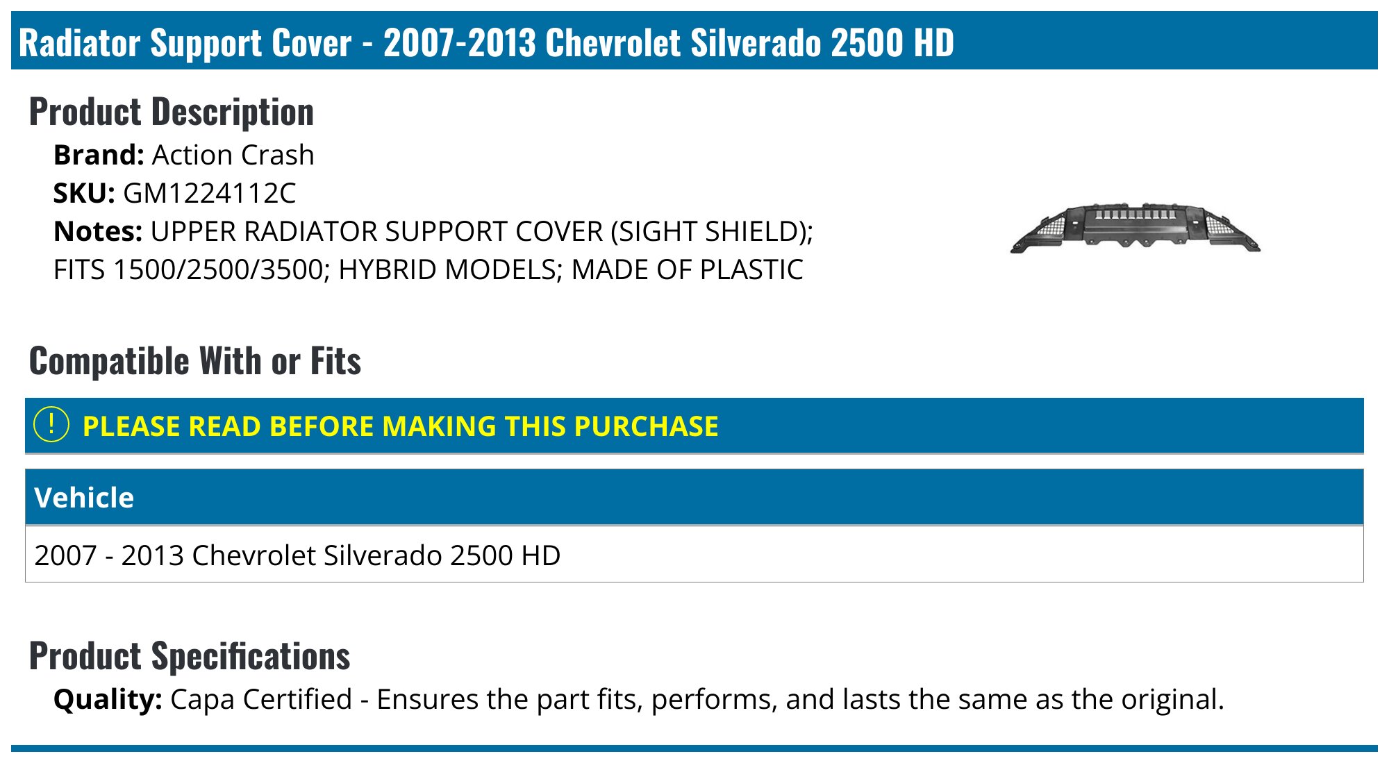 Transmotor Radiator Support Cover For Chevy Silverado & GMC Sierra 1500/2500/3500 (2007-2013)