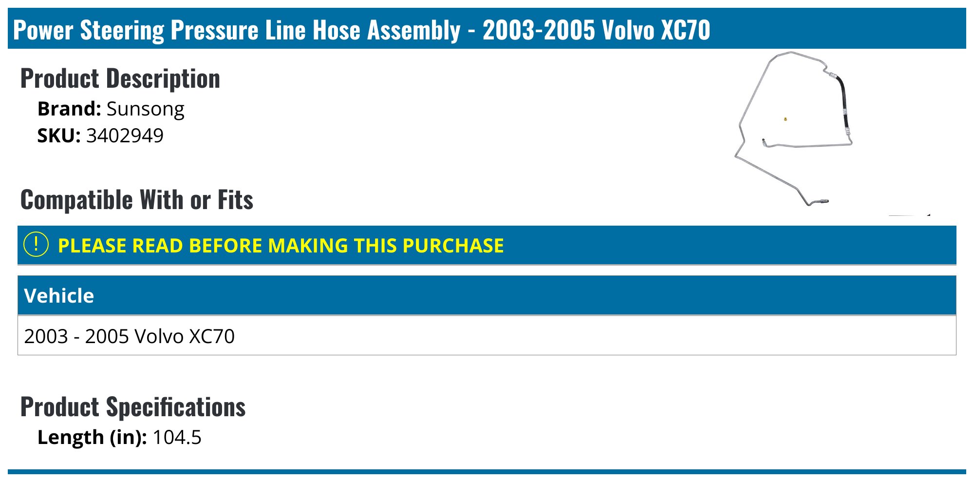 used used Power Steering Return Hose Volvo V70 2002 2.4L - EIS01526835