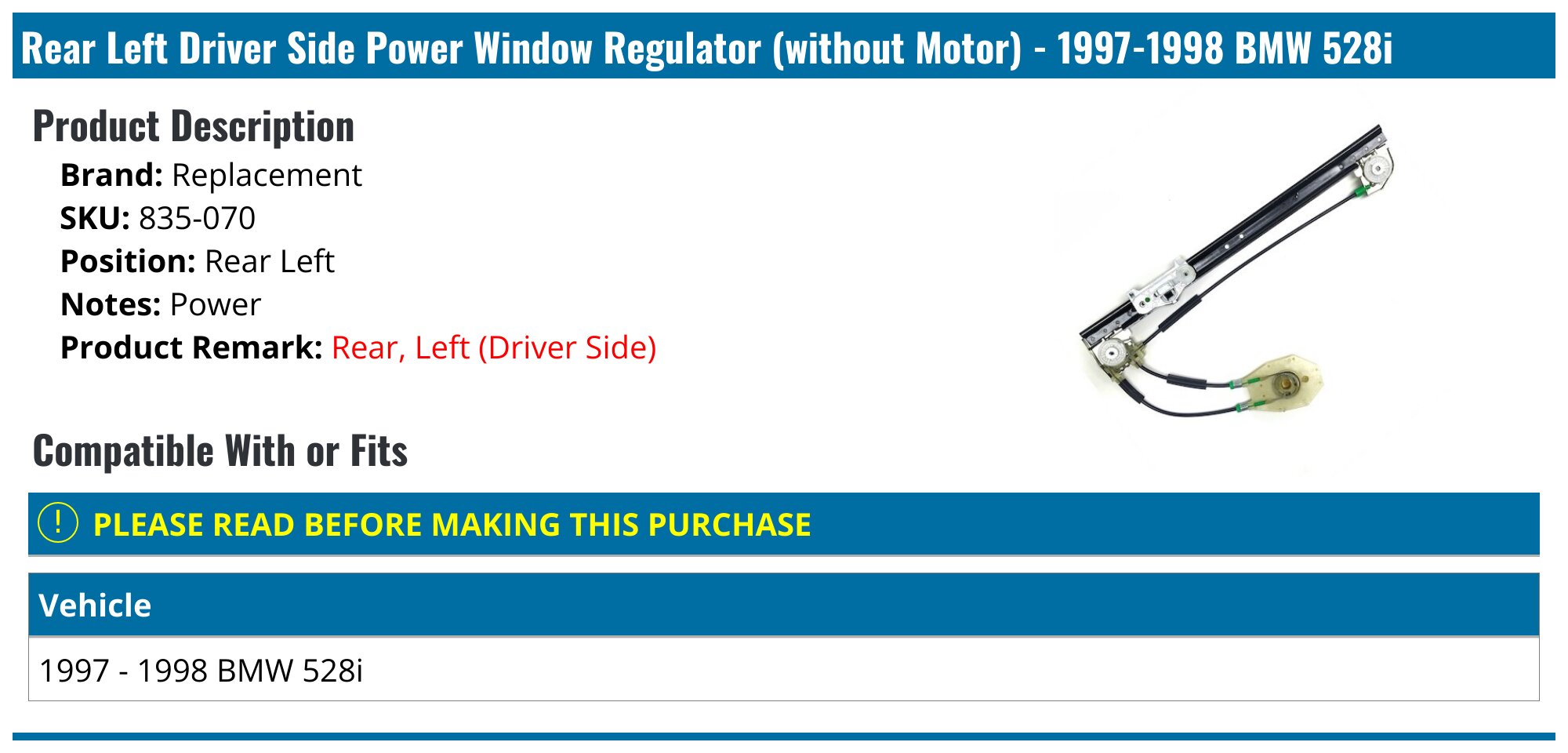 Rear Left Power Window Regulator With Motor For BMW 528i 540i 1997-1999 (E39) #51358159835