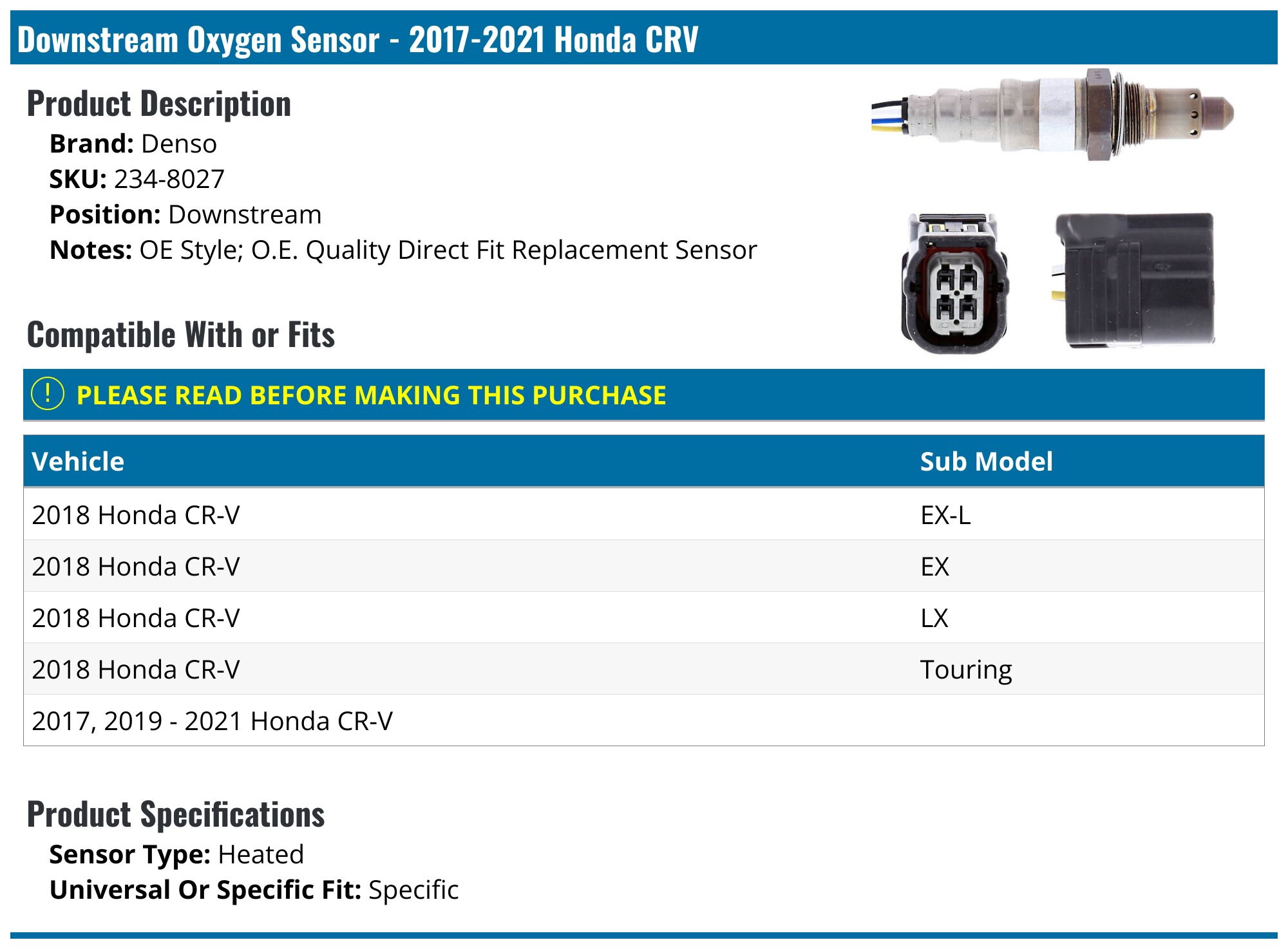 Bodeman Downstream Oxygen O2 Sensor (4-Wire) For 2009-2019 Honda Pilot/Ridgeline 3.5L