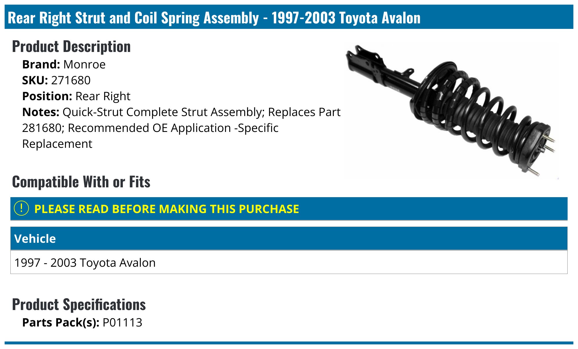 1997-2003 Toyota Avalon Strut Assembly - Monroe 271680 - Rear