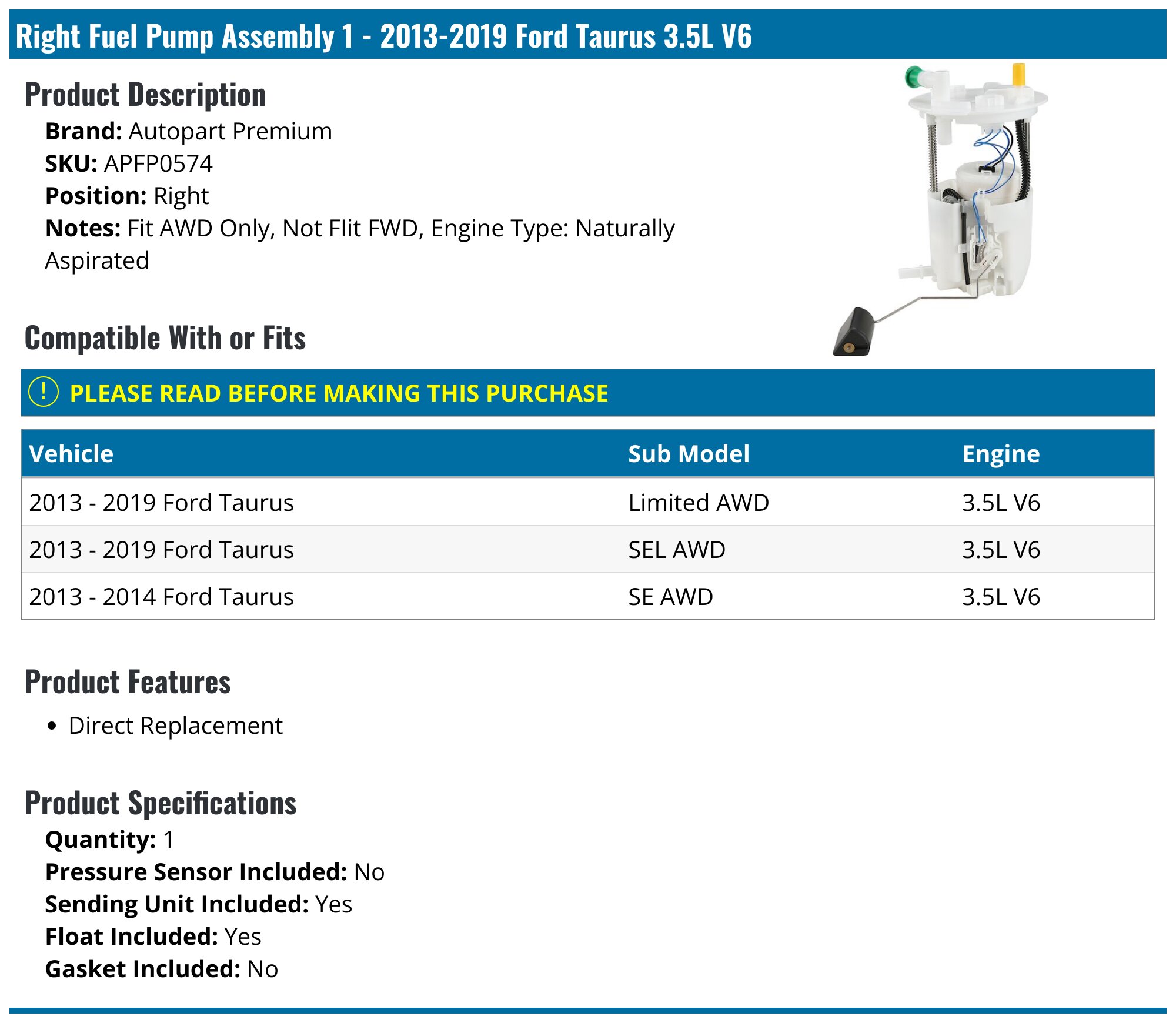 Fuel Pump Module Assembly For Ford Flex 2009 & Taurus X 2008-2009 – 3.5L V6, Right Side