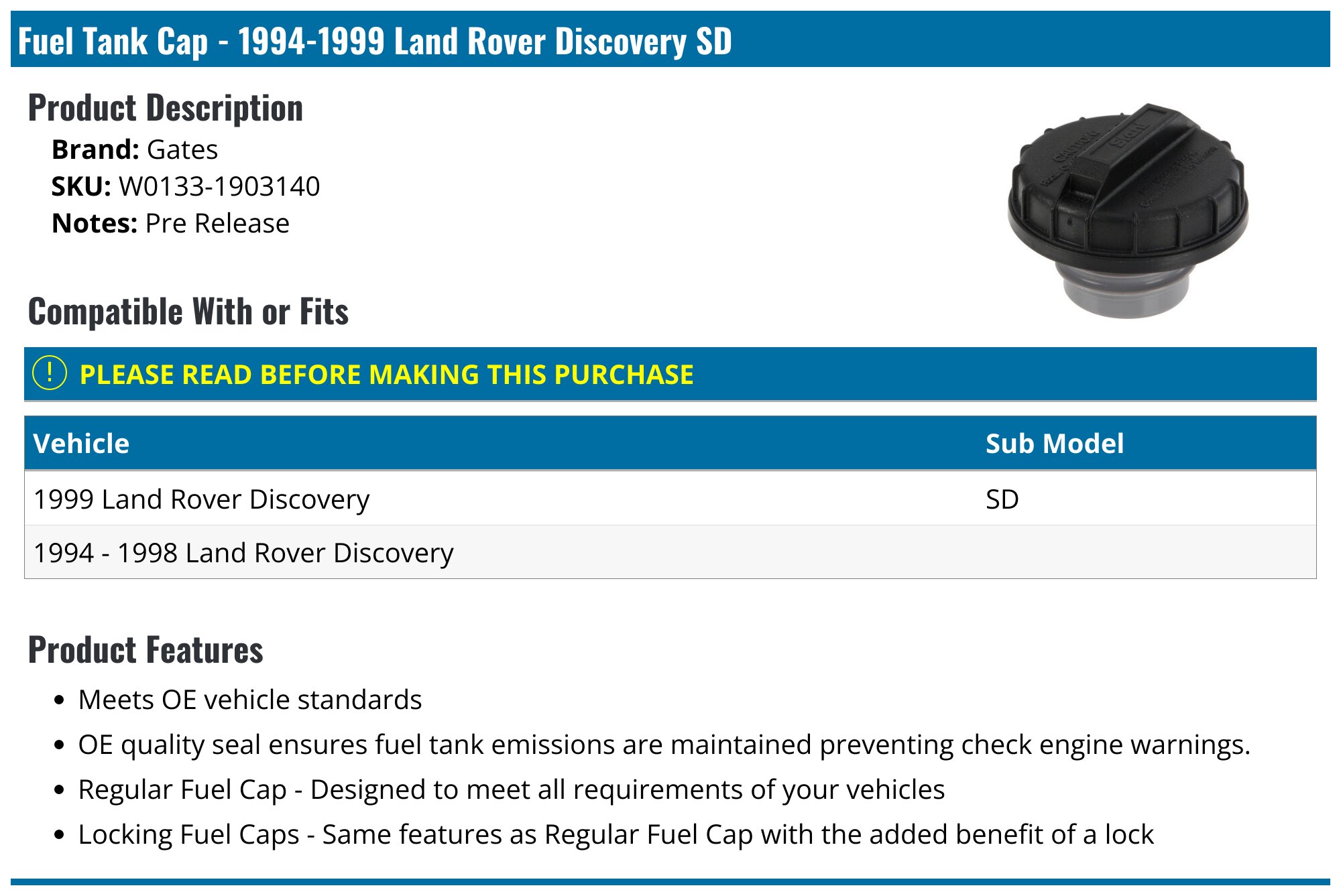 Land Rover Discovery Fuel Tank Cap - Gas Cap - Motorad Gates Genuine ...