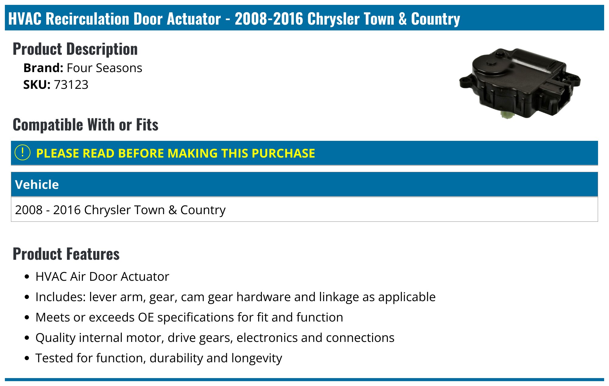 2008-2016 Chrysler Town u0026 Country HVAC Recirculation Door Actuator - Four  Seasons 73123 - - PartsGeek.com