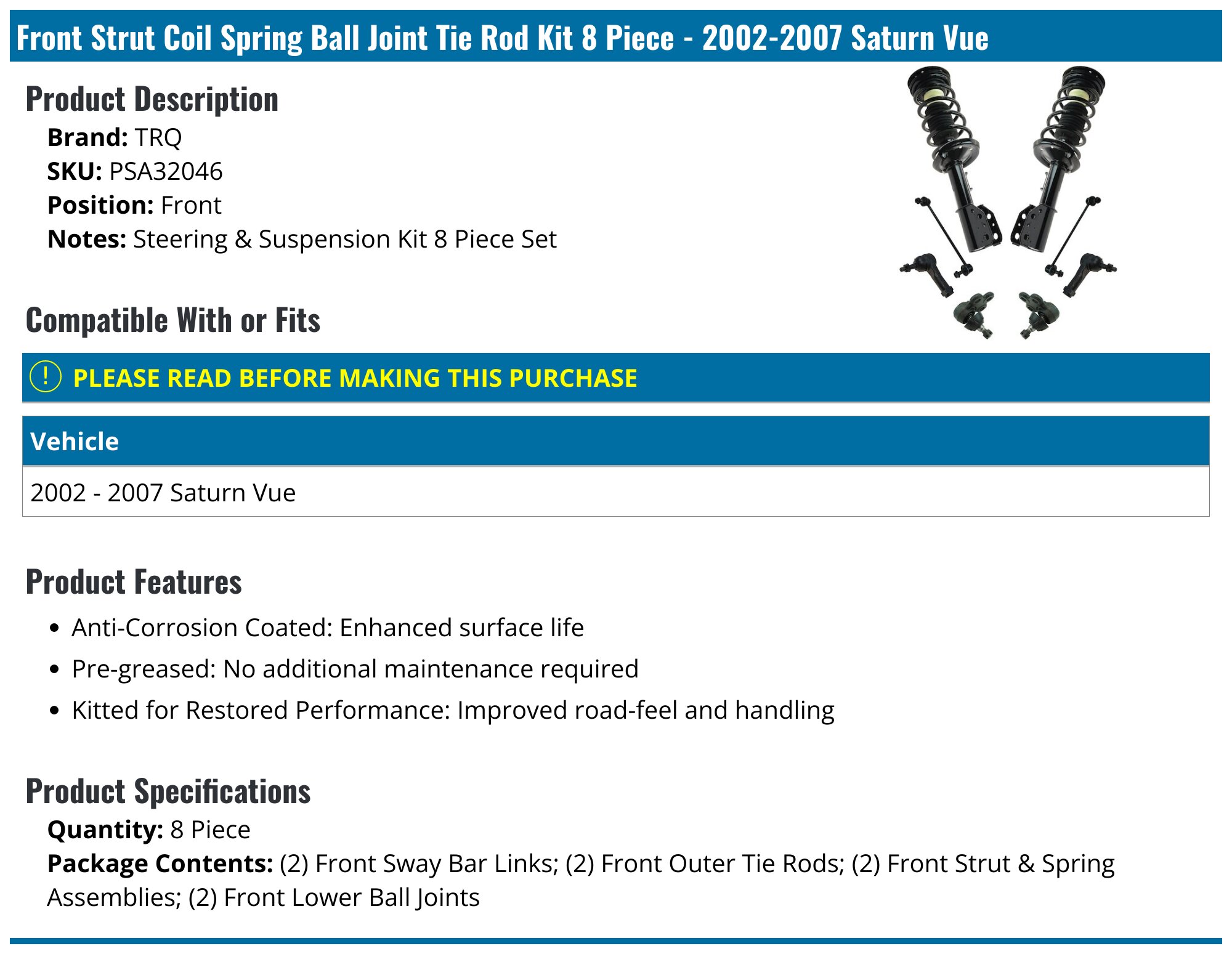 AM Autoparts 8-Piece Suspension Kit – Struts, Shocks & Sway Bar Links For Saturn Vue 2002-2007