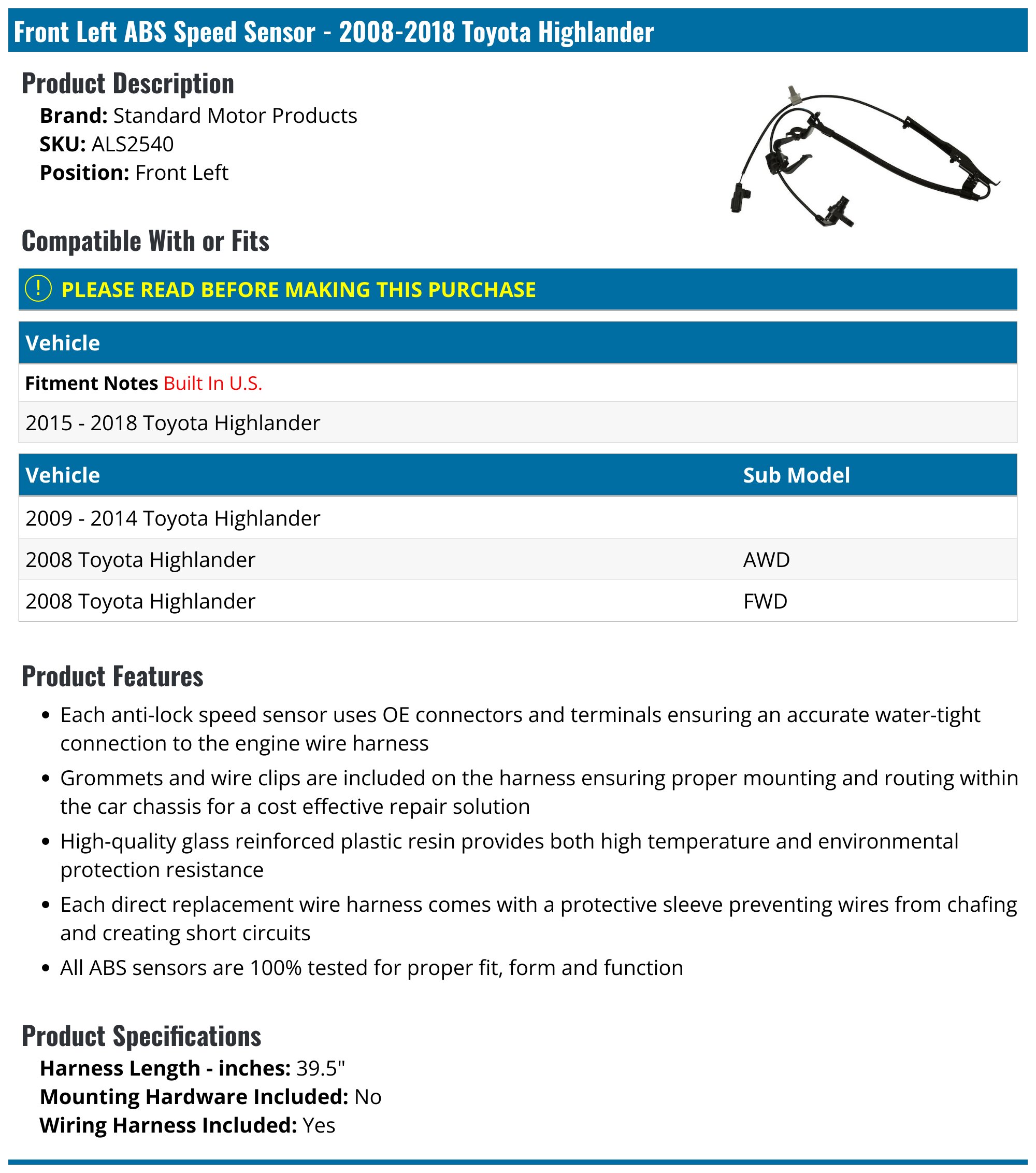 ABS Wheel Speed Sensor for 2008-2012 Toyota Highlander Rear ABS Wheel Speed Sensor for 2008-2012 Toyota Highlander Rear