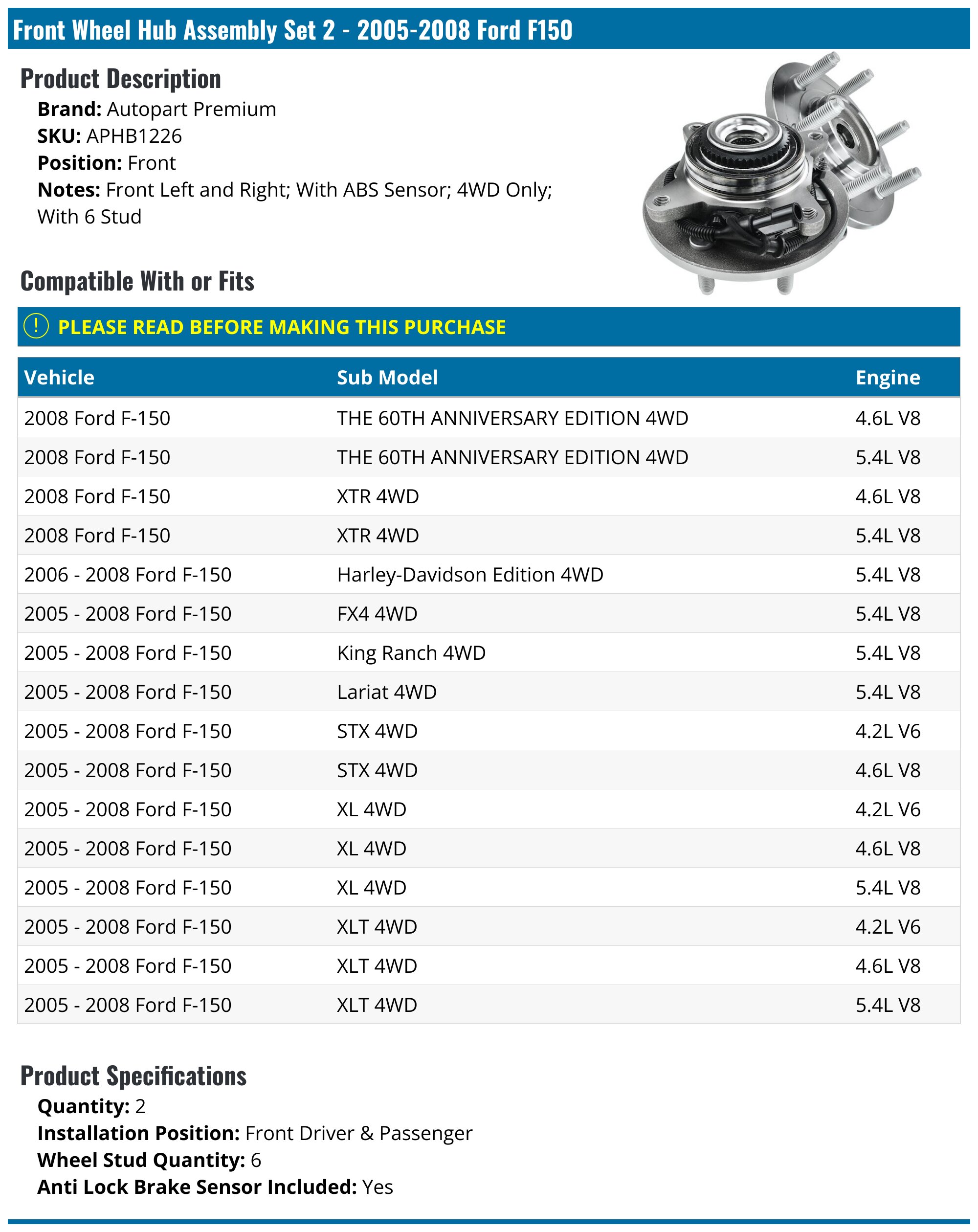A-Premium Front Wheel Bearing And Hub Assembly With ABS, 6-Lug For Select 2002-2006 Chevy, GMC