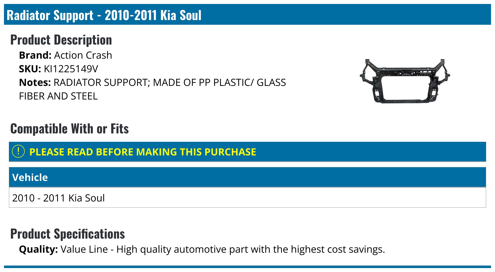 Brand New Sherman Radiator Support For 2017-2019 Kia Soul – OEM Fit 64101B2010