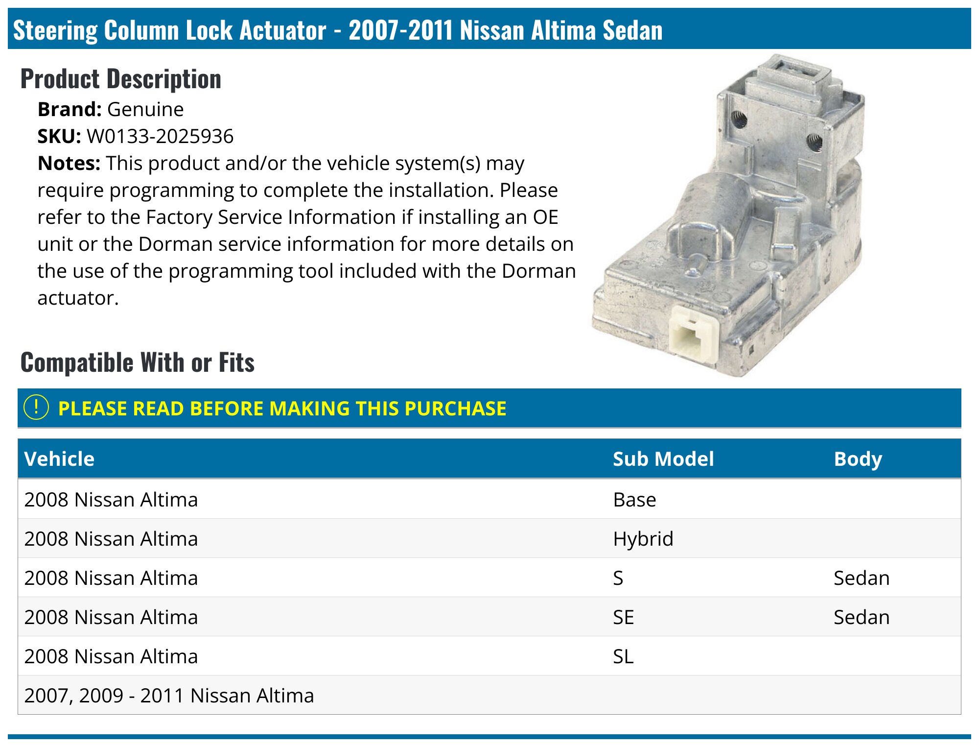 2007-2011 Nissan Altima Steering Column Lock Actuator - Genuine