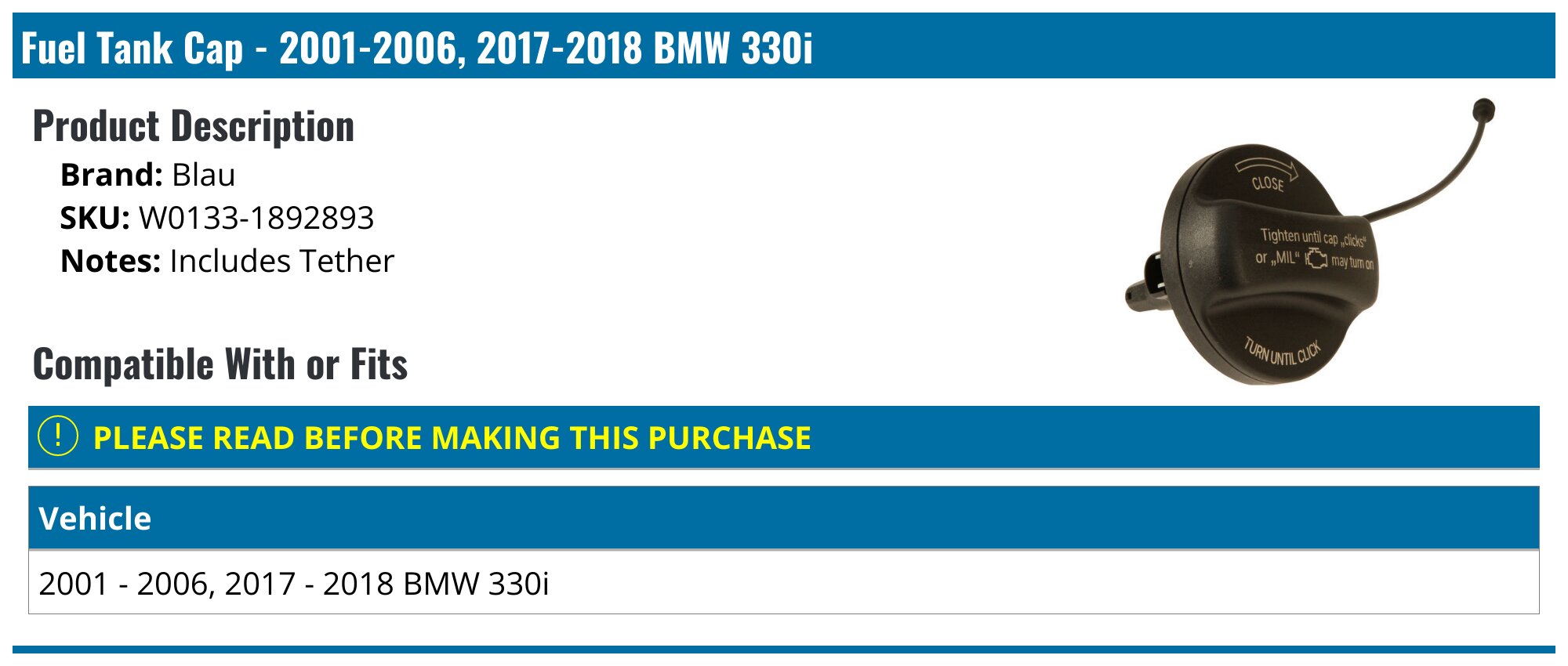 2001-2006, 2017-2025 BMW 330i Fuel Tank Cap - Blau W0133-1892893 ...