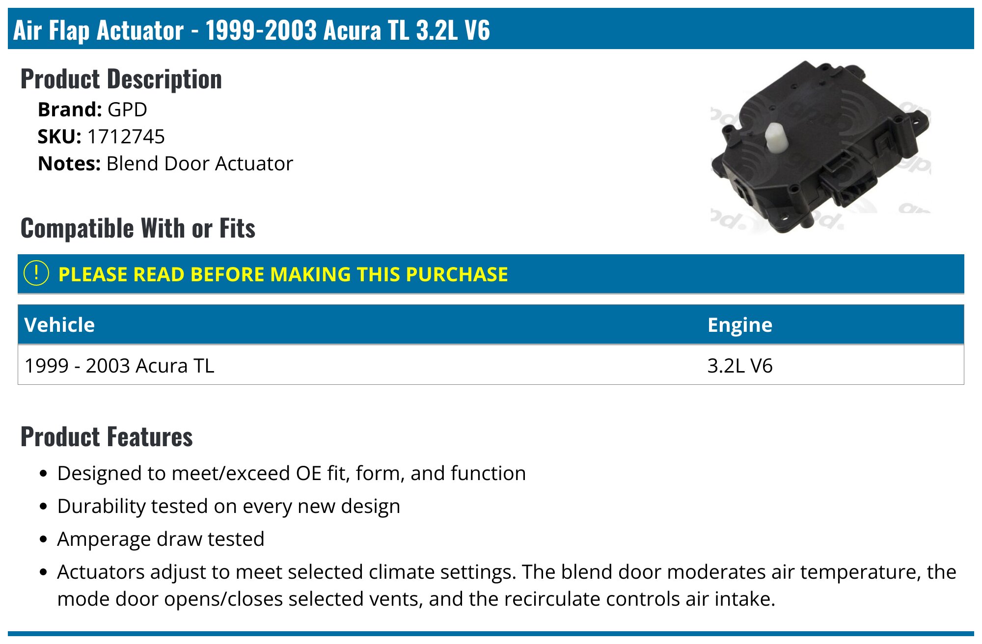 1999-2003 Acura TL Air Flap Actuator - GPD 1712745 - PartsGeek.com