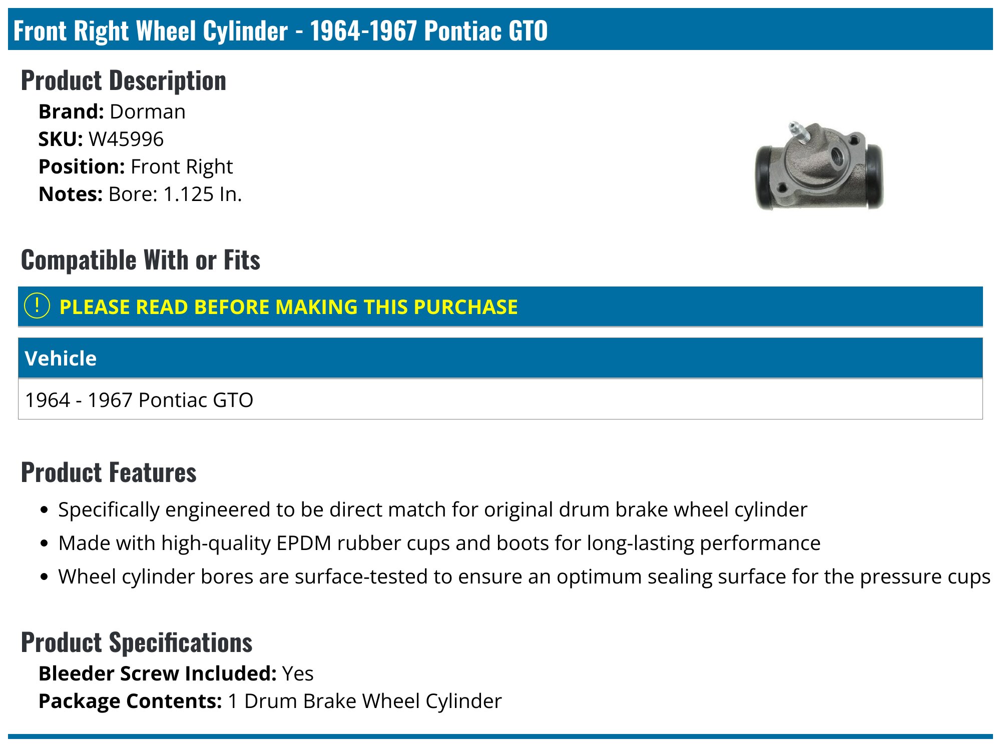 1964-1967 Pontiac GTO Wheel Cylinder - Dorman W45996 - Front Right