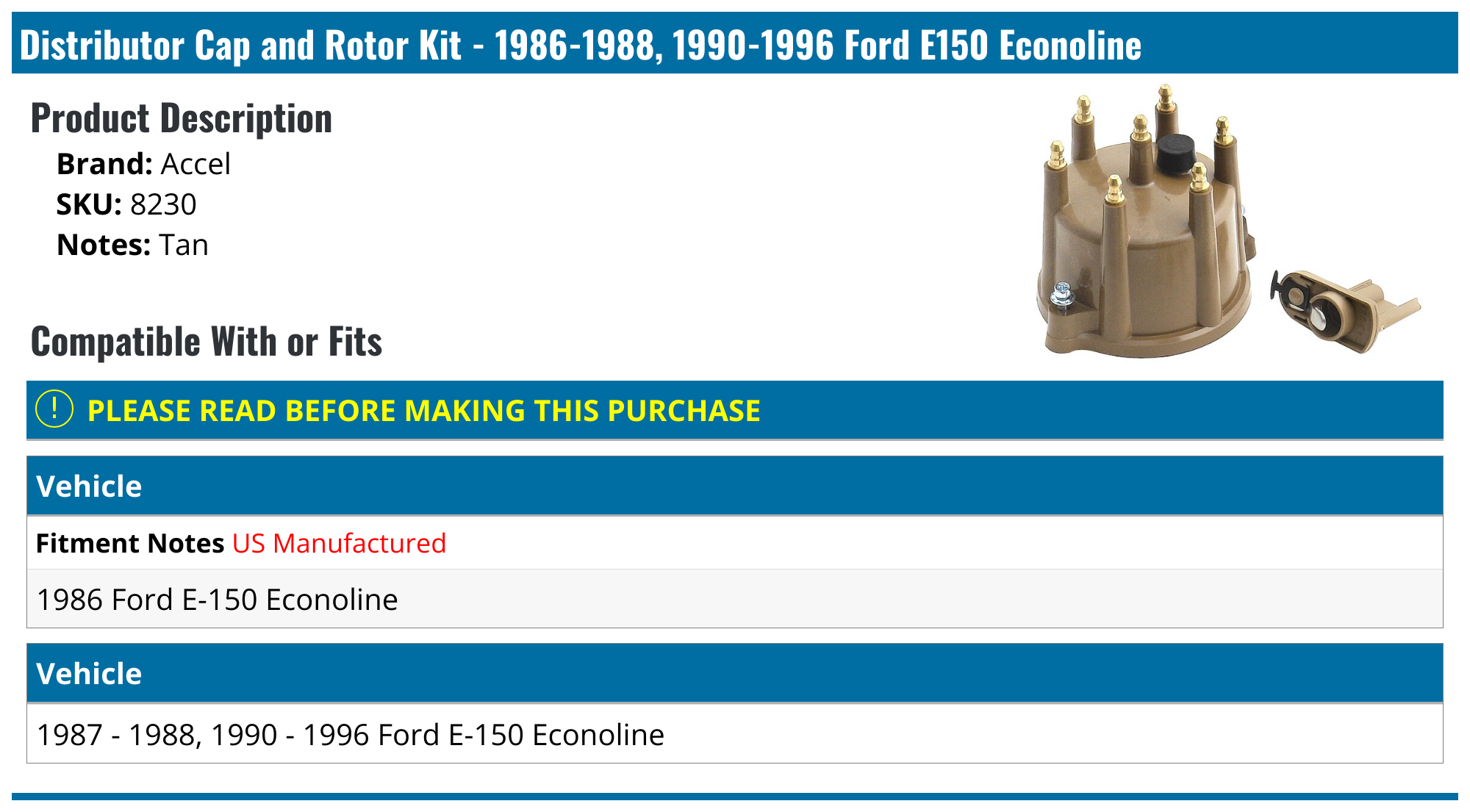 19861988, 19901996 Ford E150 Econoline Distributor Cap Accel 8230