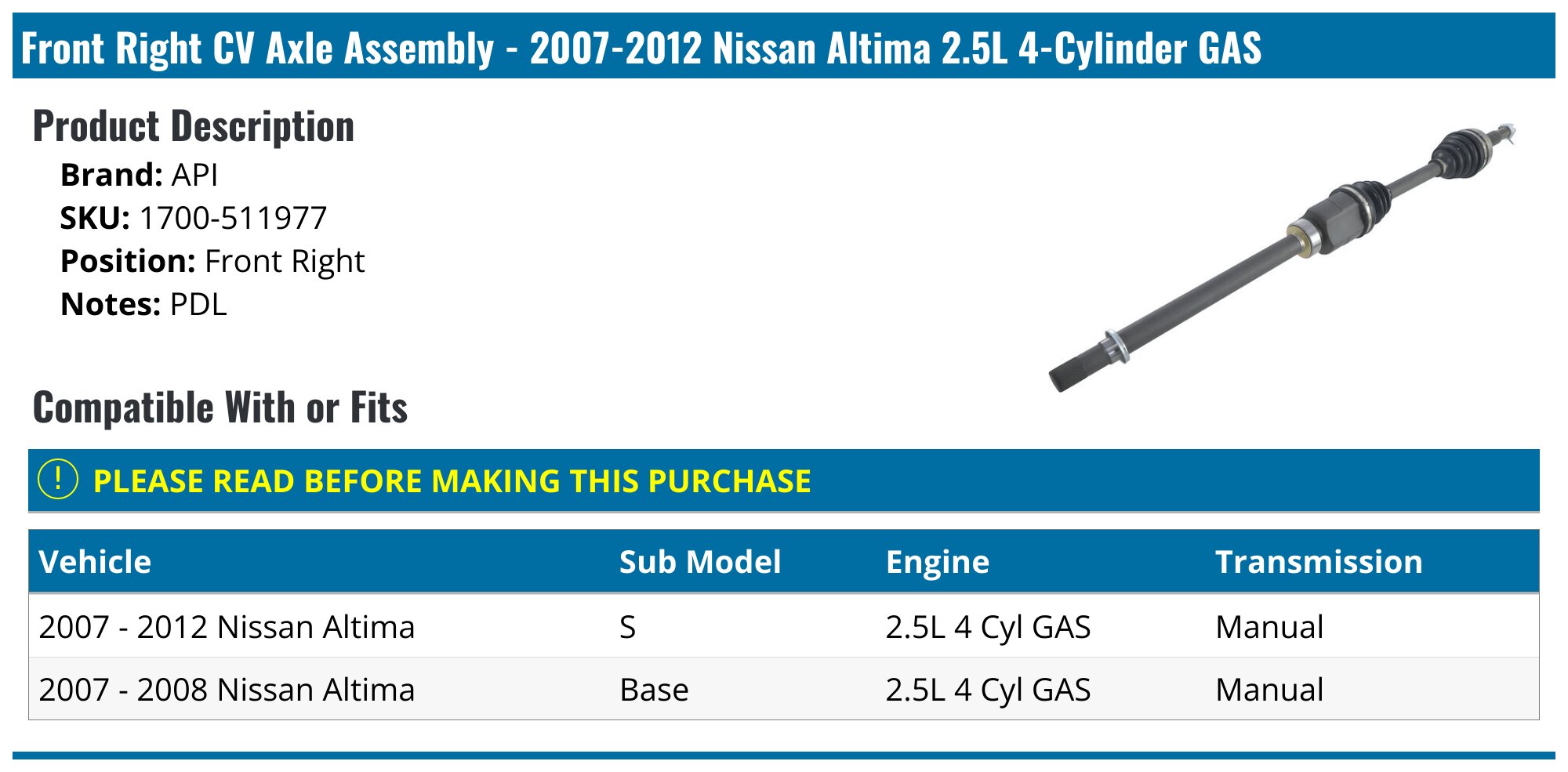 Front Right CV Axle Shaft Assembly For Nissan Altima 2007-2012 V6 3.5L - CVT Only