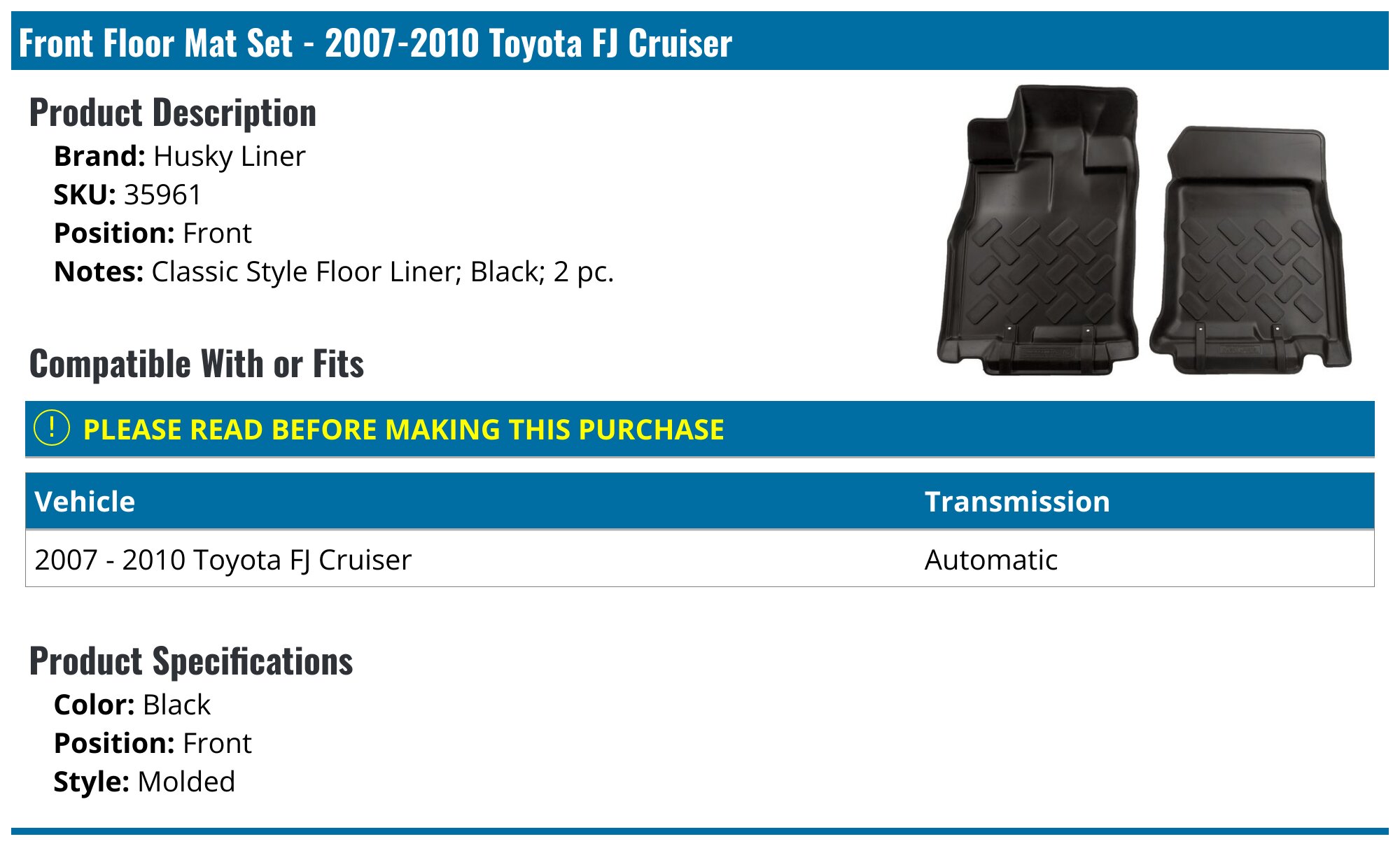 Genuine Toyota FJ Cruiser Rubber Floor Mat Set – 4 Pieces – 2007-2014 – PT206-35110-21, Black