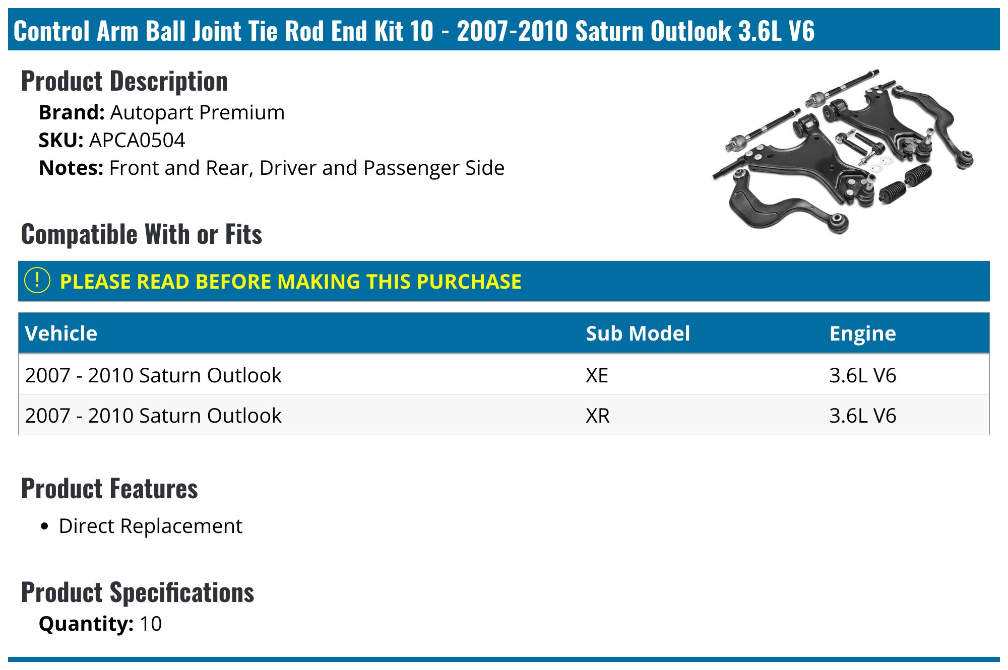 Control Arm Kit - 2007-2010 Saturn Outlook 3.6L V6 - Autopart Premium  25681-02264782, image size:2000x1330