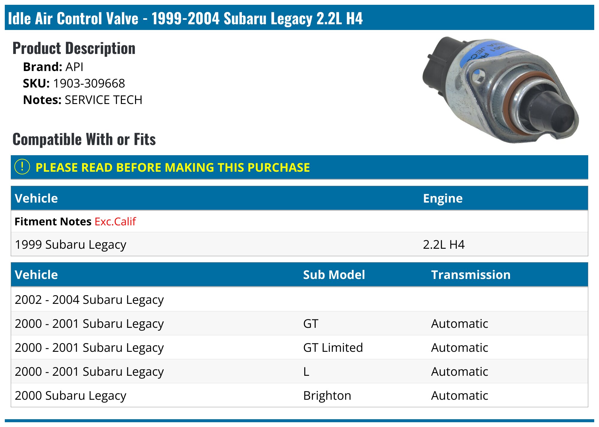 19992004 Subaru Legacy Idle Control Valve API 39707907425