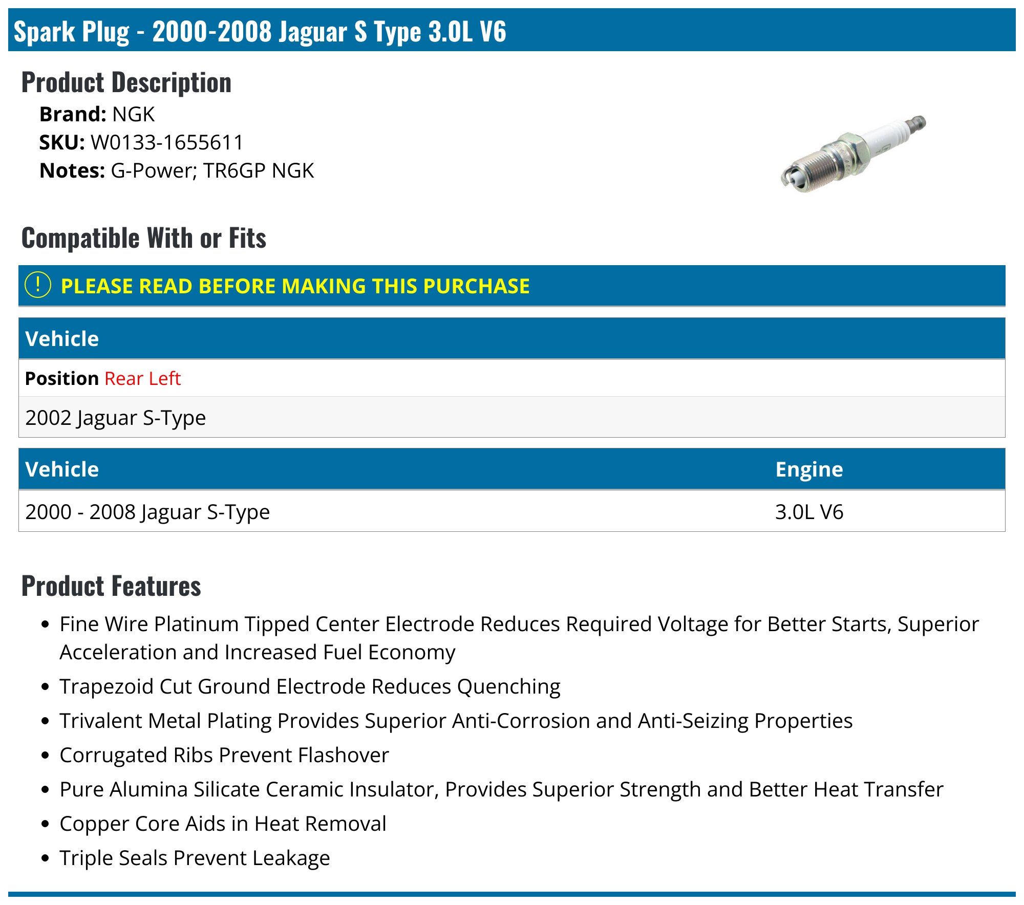 Spark Plug Fits Jaguar X-Type 3.0L 2008 2007 2006 2005 2004 2003 2002