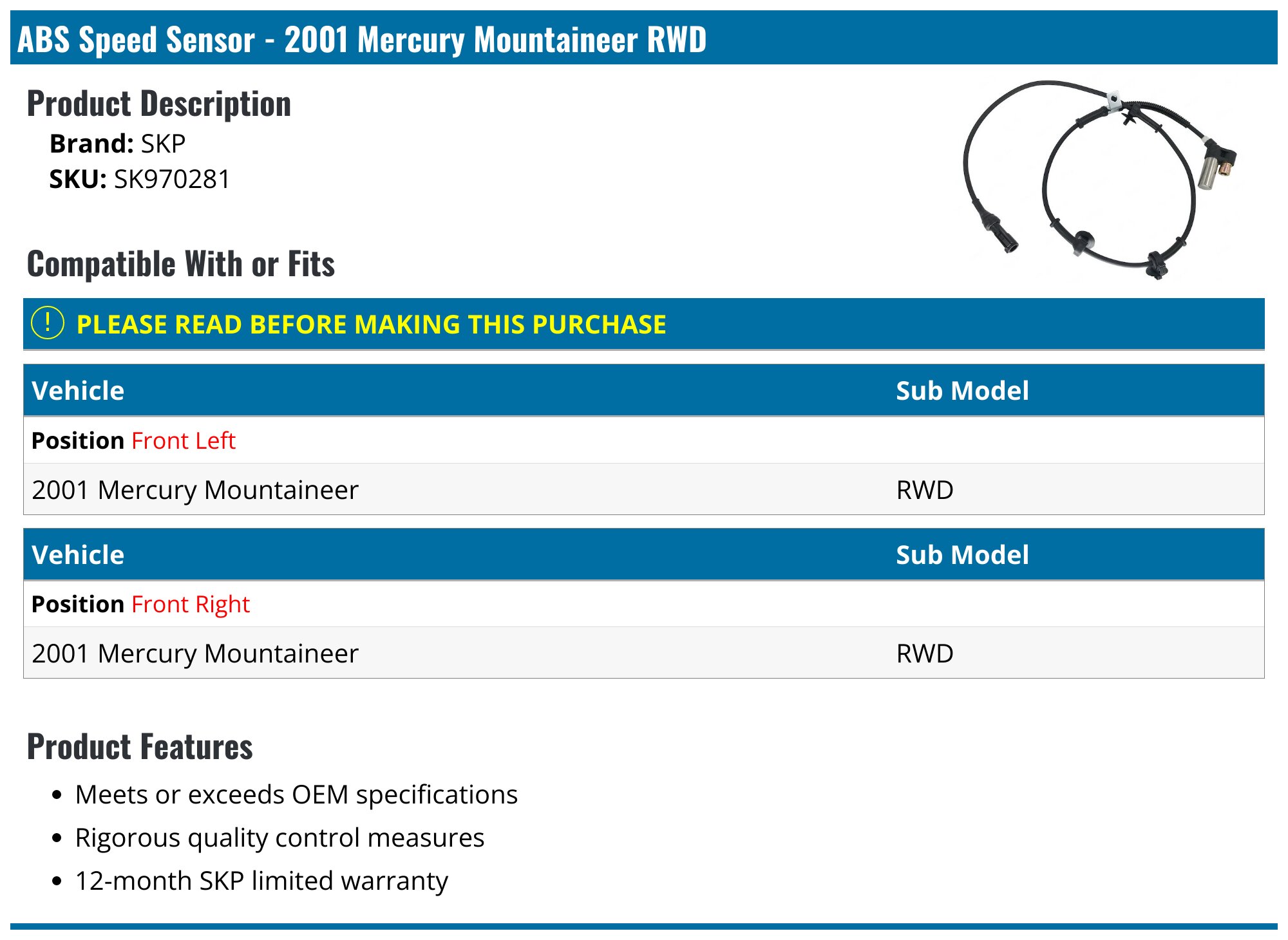 1998-2001 Mercury Mountaineer ABS Speed Sensor - SKP SK970281 - Front ...