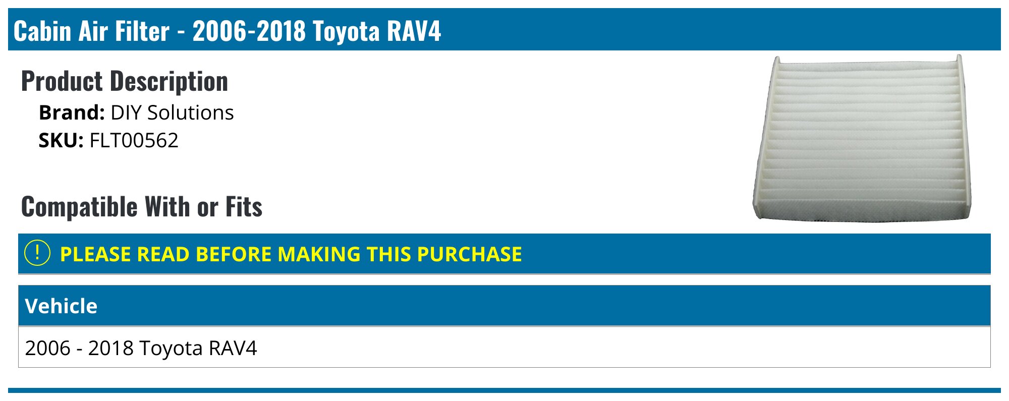 2006-2018 Toyota RAV4 Cabin Air Filter - DIY Solutions FLT00562 ...