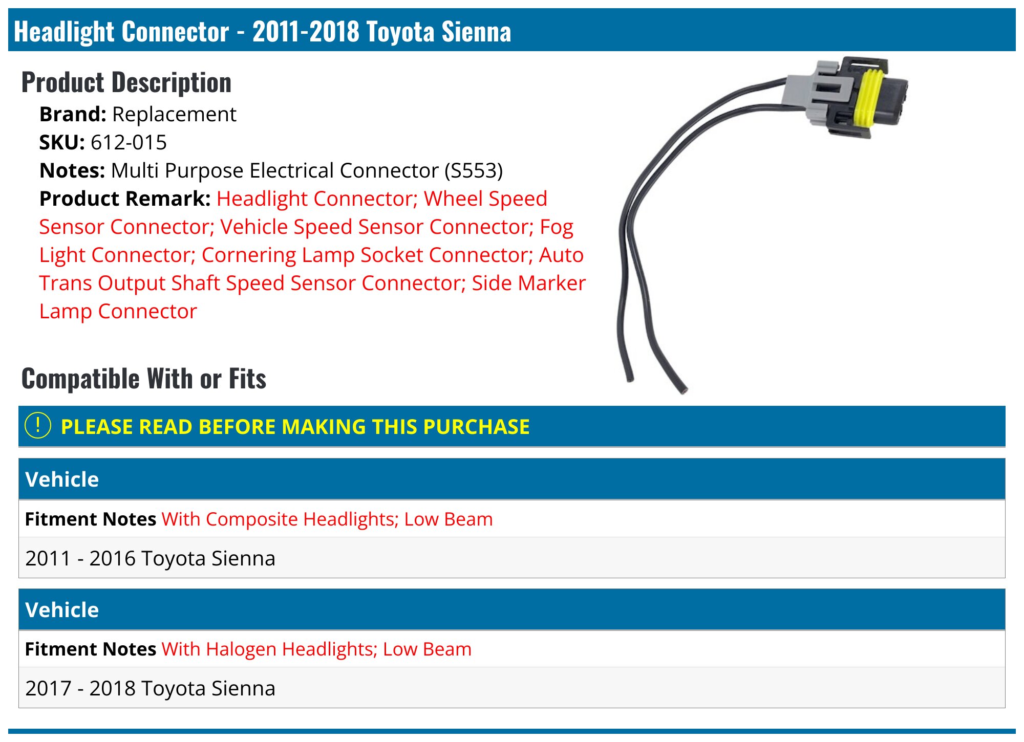 2015-2019 For Toyota For Sienna Passenger Side Headlight - Certified 2015-2019 For Toyota For Sienna Passenger Side Headlight - Certified