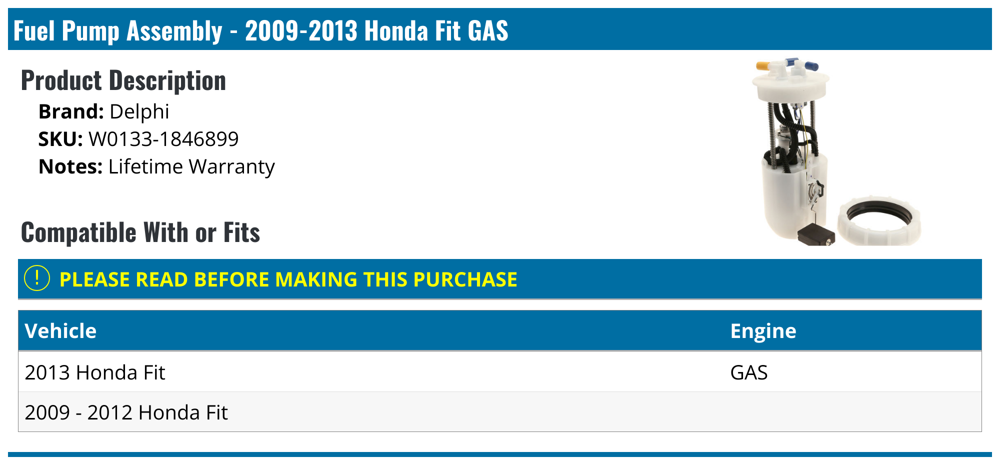 20092013 Honda Fit Fuel Pump Delphi W01331846899