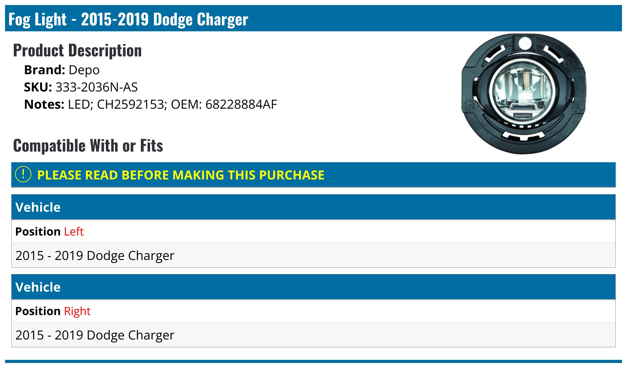 2015-2019 Dodge Charger Fog Light - Depo 333-2036N-AS - Right -  PartsGeek.com