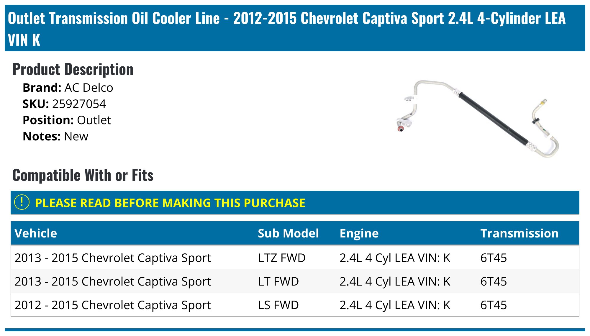 2012-2015 Chevrolet Captiva Sport Transmission Oil Cooler Line - AC ...