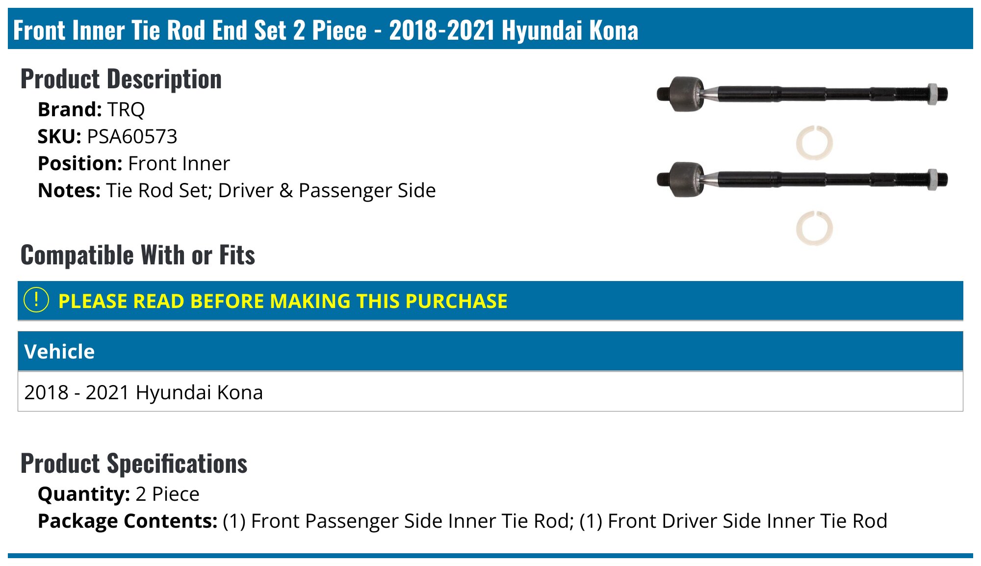Hyundai Rear Track Rods 2018-2023 Hyundai Kona Tie Rod End - TRQ PSA60573 - Front Inner ...