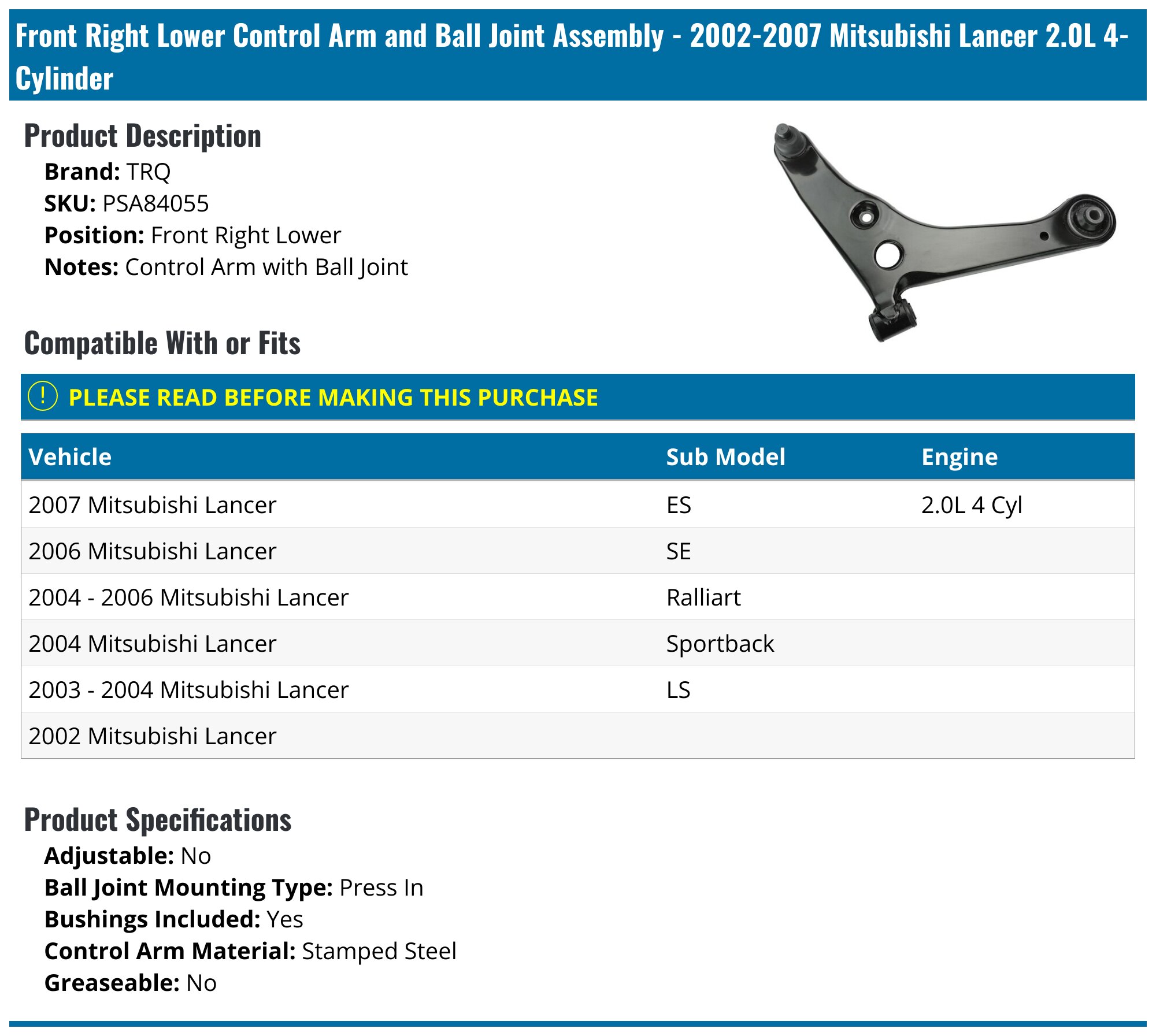 Front Lower Right Control Arm w Ball Joint for Silverado Sierra 1500
