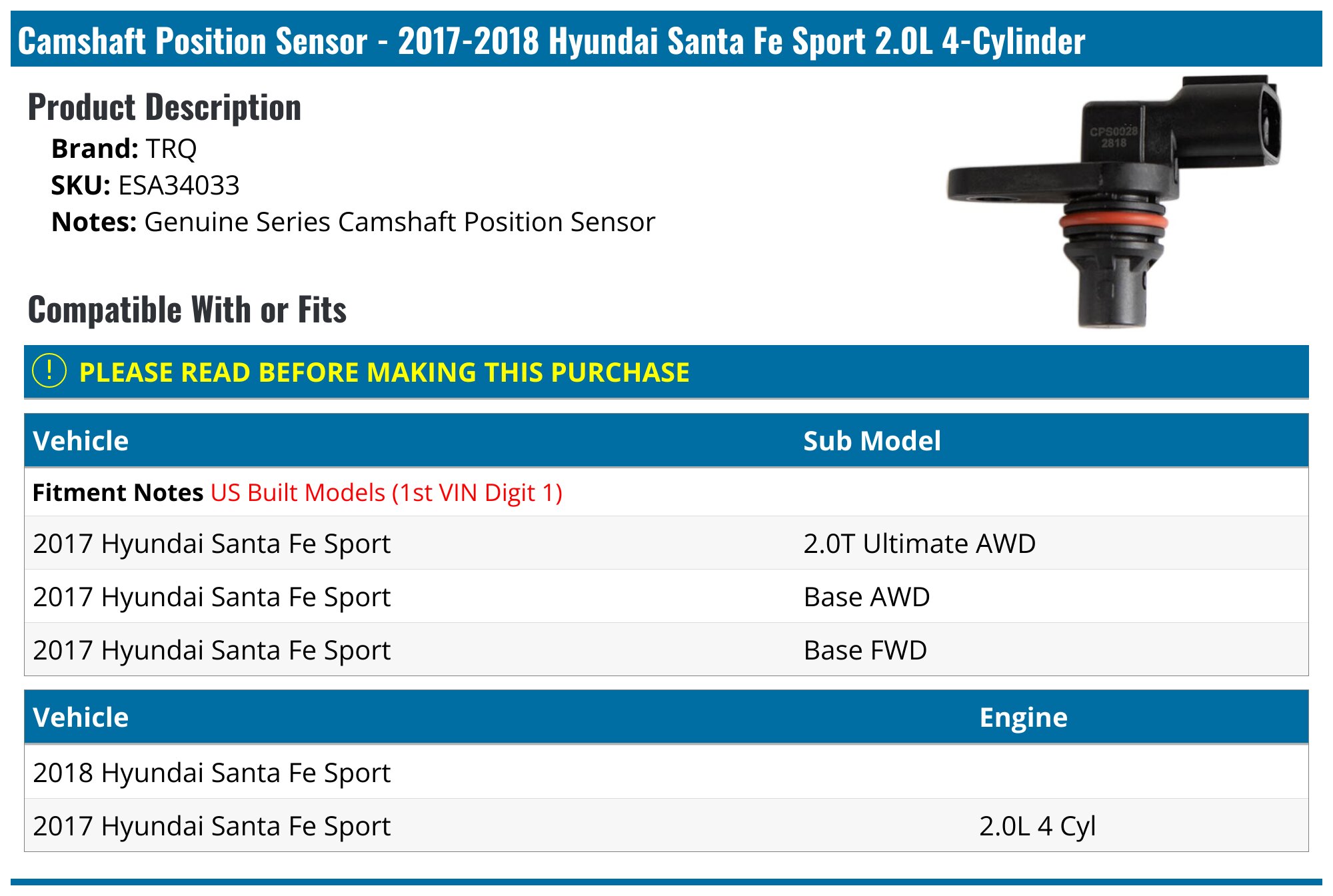 2017-2018 Hyundai Santa Fe Sport Camshaft Position Sensor - TRQ ...