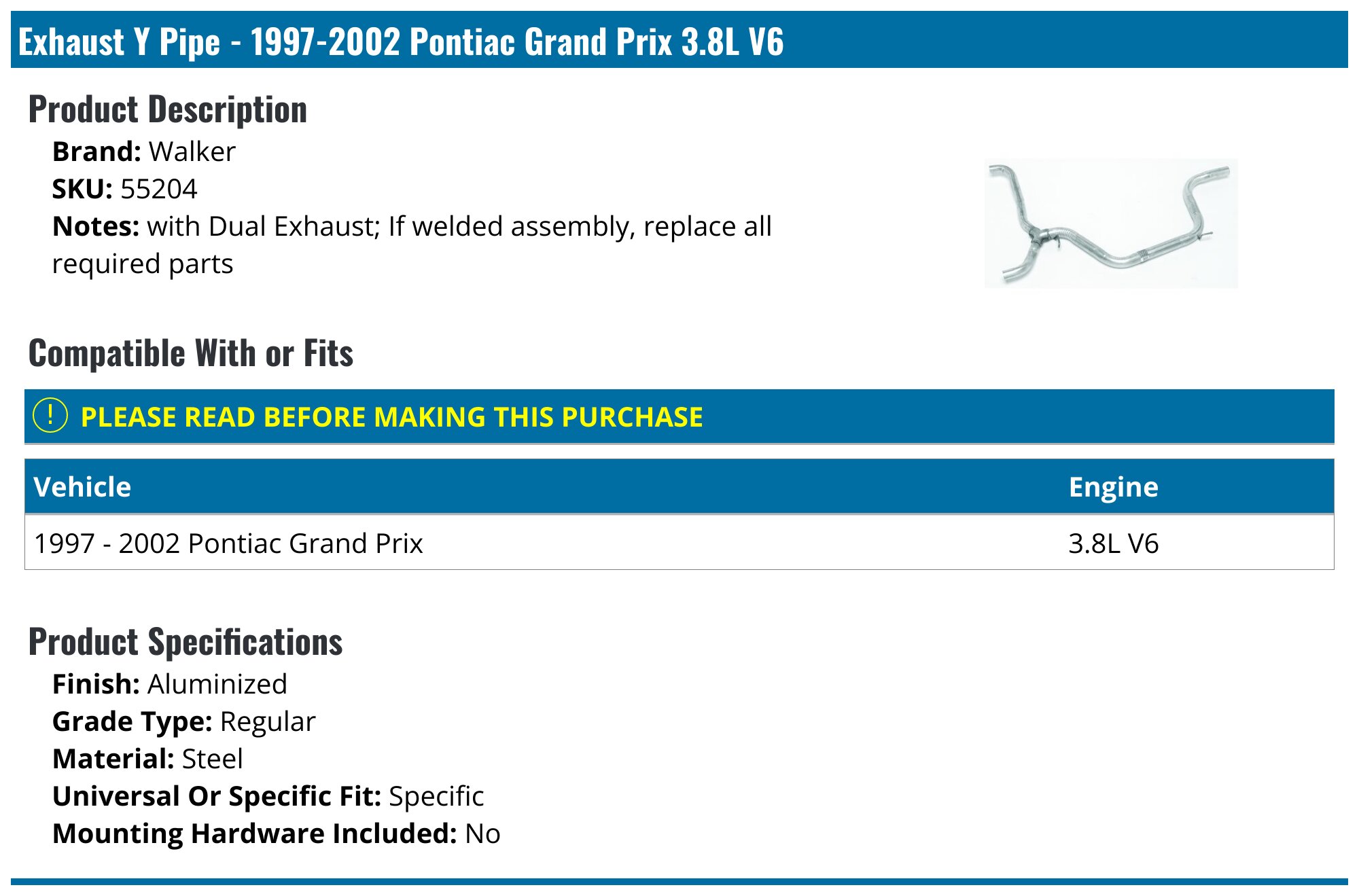 Northeastern Exhaust Resonator Y-Pipe Muffler Kit – 1997-2002 Pontiac Grand Prix 3.8L, FWD